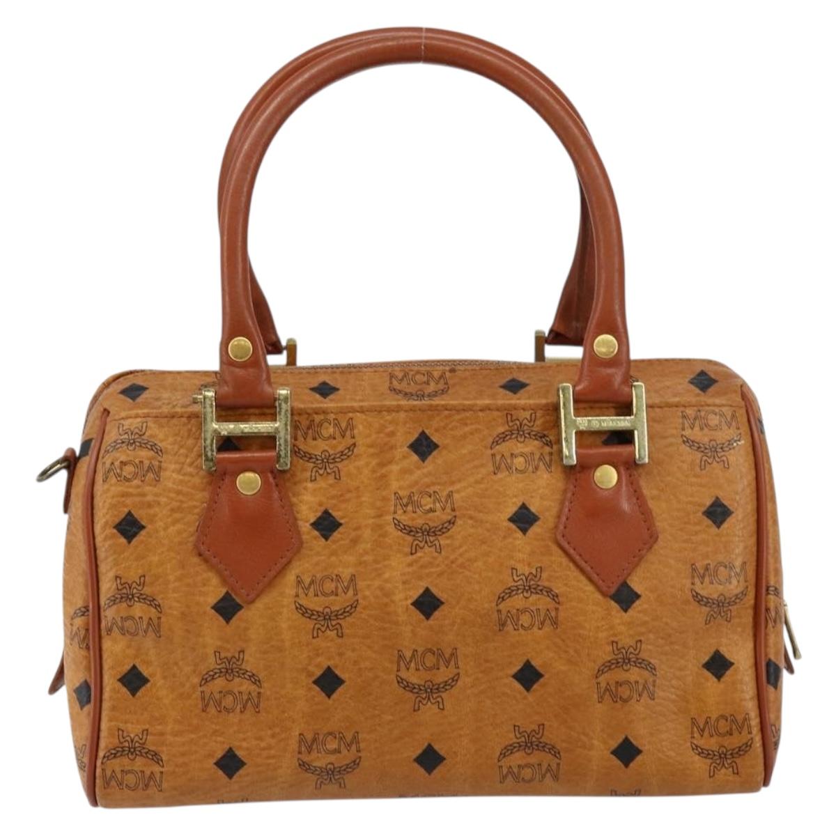 MCM Logogram Vicetos Boston Bag PVC Leather Brown Gold Auth 145190