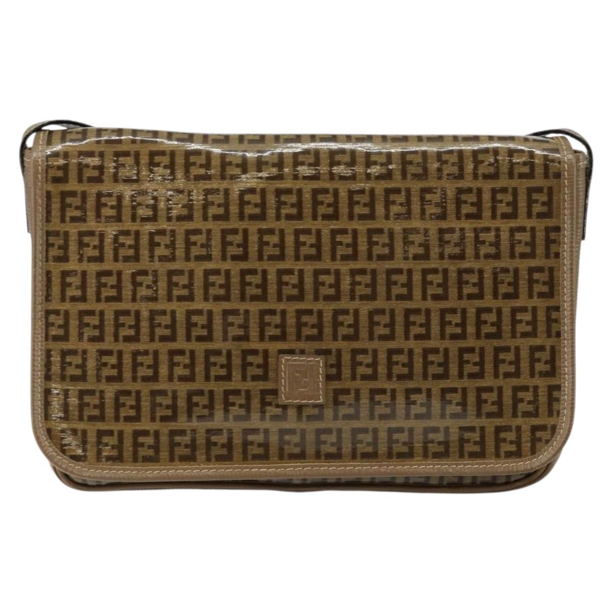FENDI Zucchino Canvas Shoulder Bag Beige Gold Auth 145202