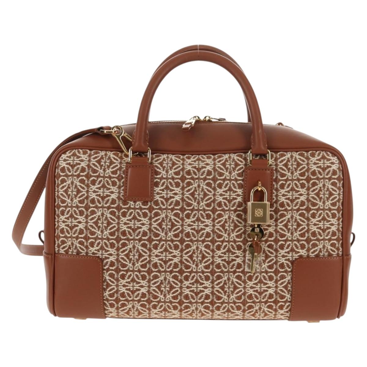 LOEWE Amazona 28 Repeat Anagram Bag Canvas Leather 2way Gold Brown Auth 145249M