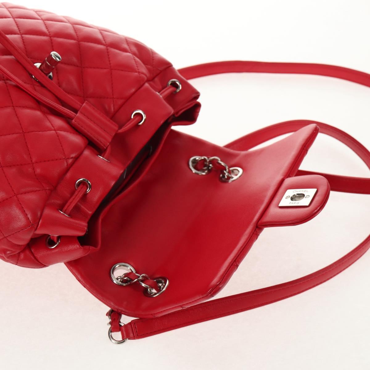CHANEL Matelasse Backpack Lamb Skin Red Silver CC Auth 145253M