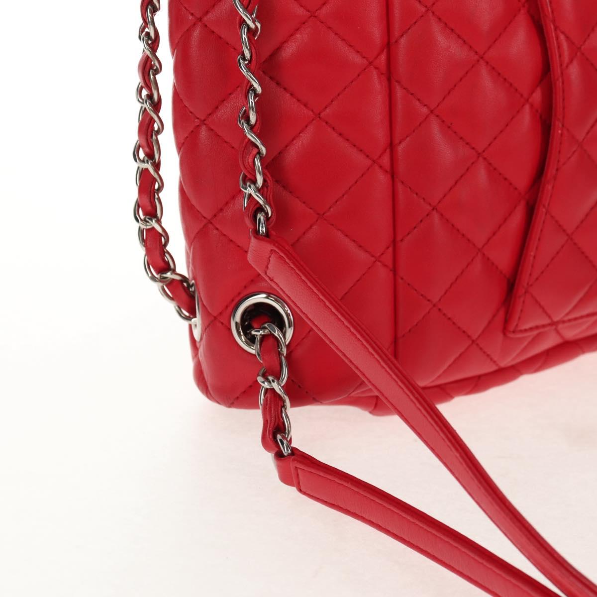 CHANEL Matelasse Backpack Lamb Skin Red Silver CC Auth 145253M