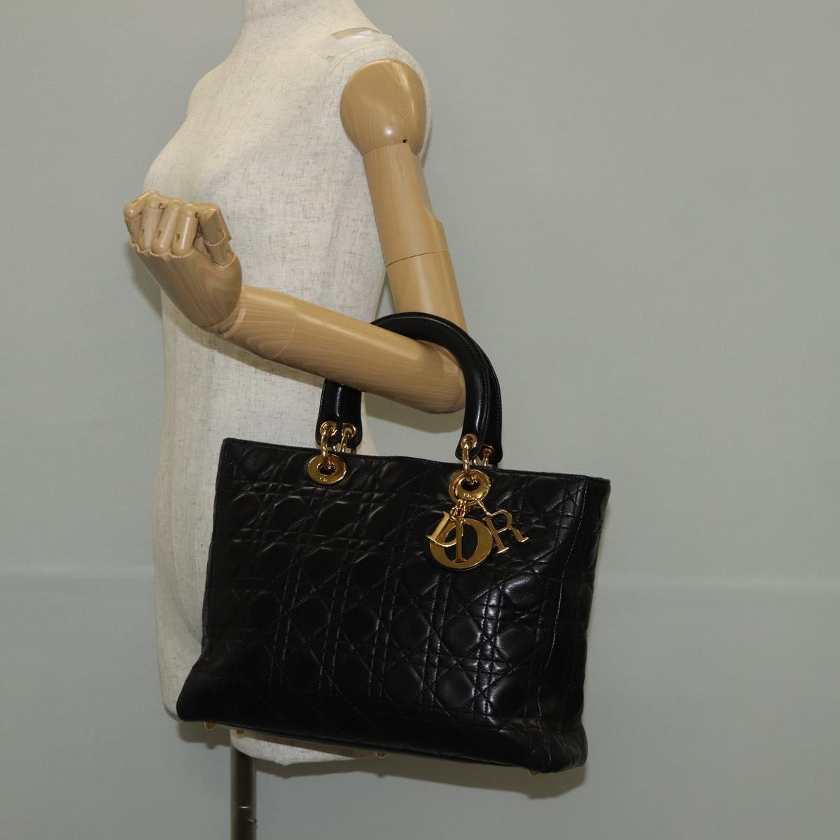 Christian Dior Lady Dior Canage Hand Bag Leather Black Gold Auth 145260A