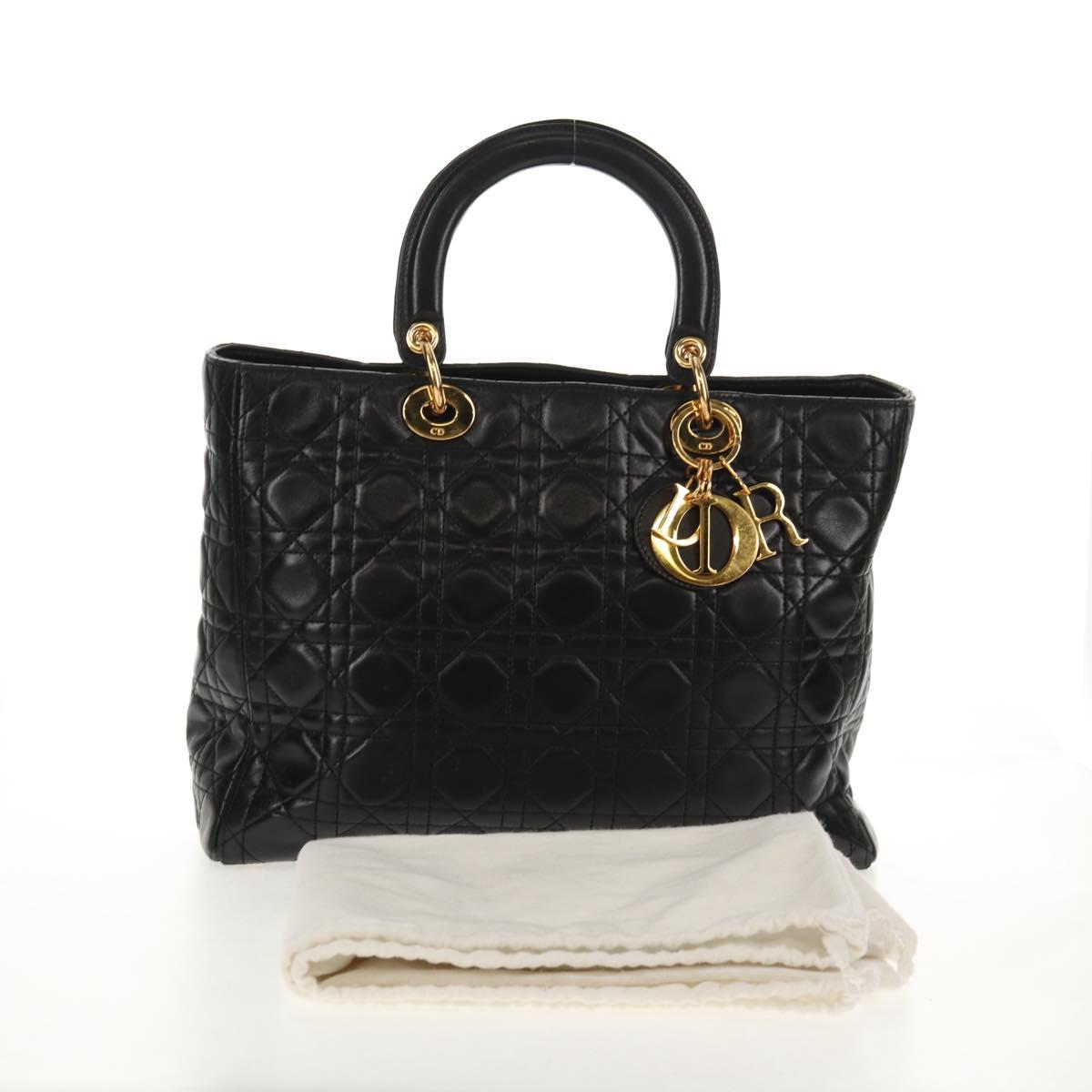 Christian Dior Lady Dior Canage Hand Bag Leather Black Gold Auth 145260A