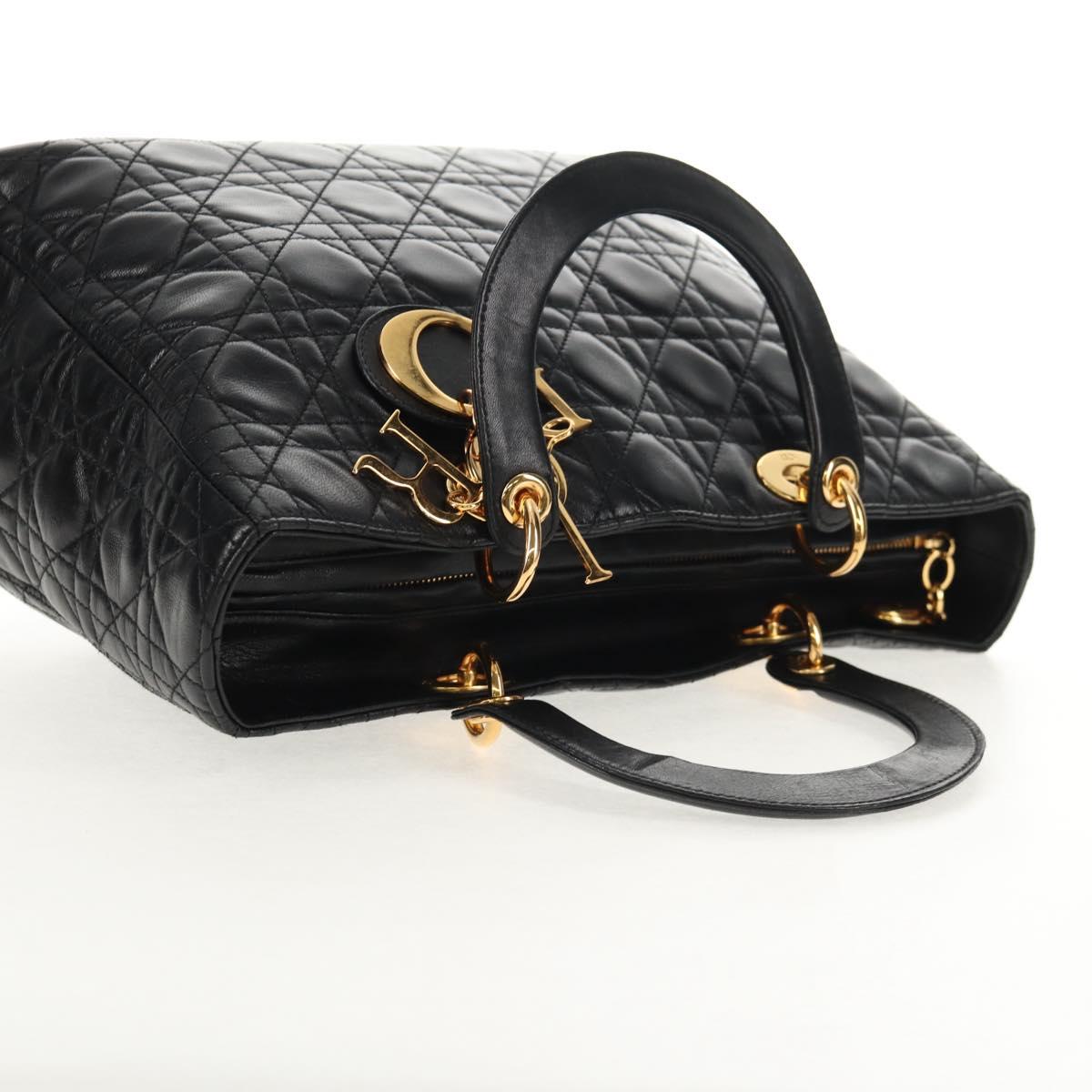 Christian Dior Lady Dior Canage Hand Bag Leather Black Gold Auth 145260A