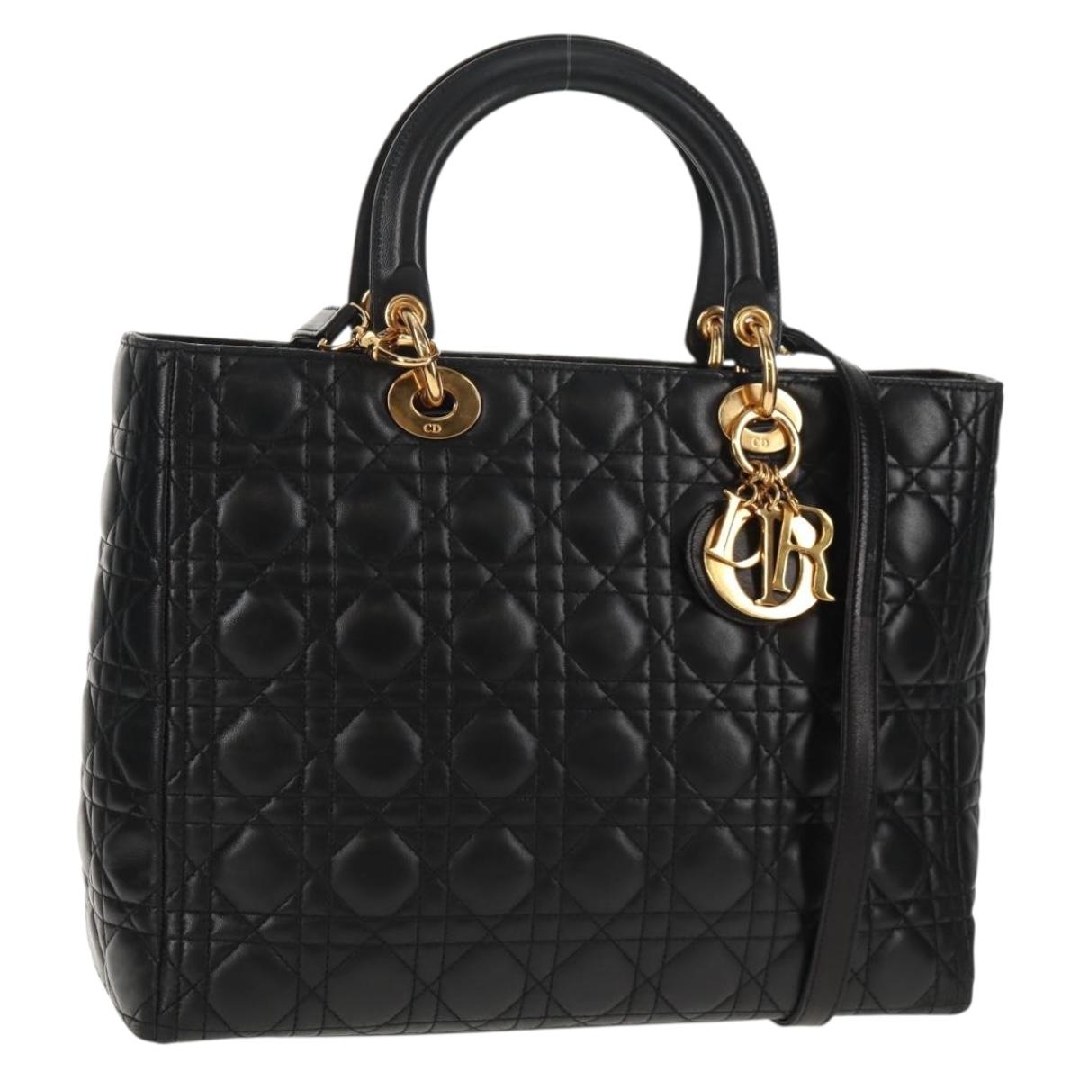 Christian Dior Lady Dior Canage Hand Bag Leather 2way Black Gold Auth 145261A