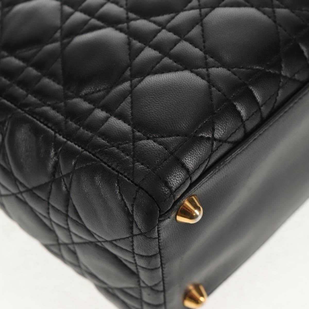 Christian Dior Lady Dior Canage Hand Bag Leather 2way Black Gold Auth 145261A