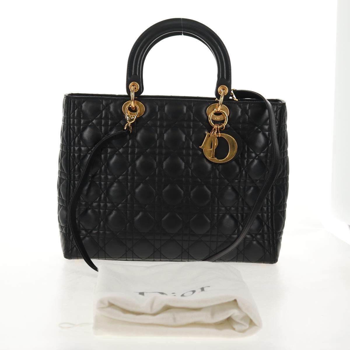 Christian Dior Lady Dior Canage Hand Bag Leather 2way Black Gold Auth 145261A