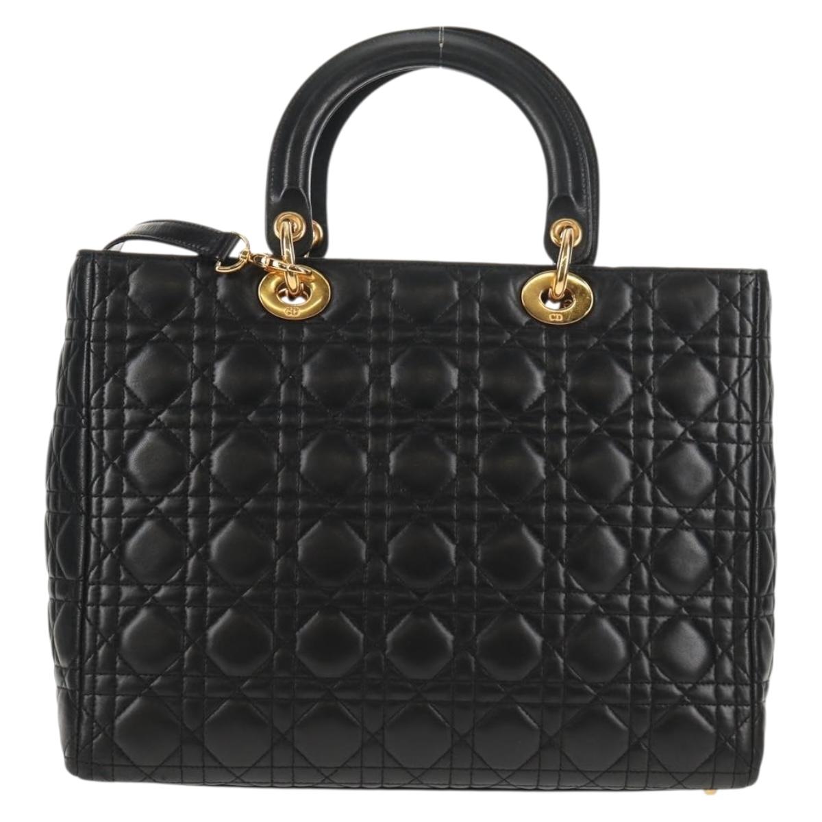 Christian Dior Lady Dior Canage Hand Bag Leather 2way Black Gold Auth 145261A