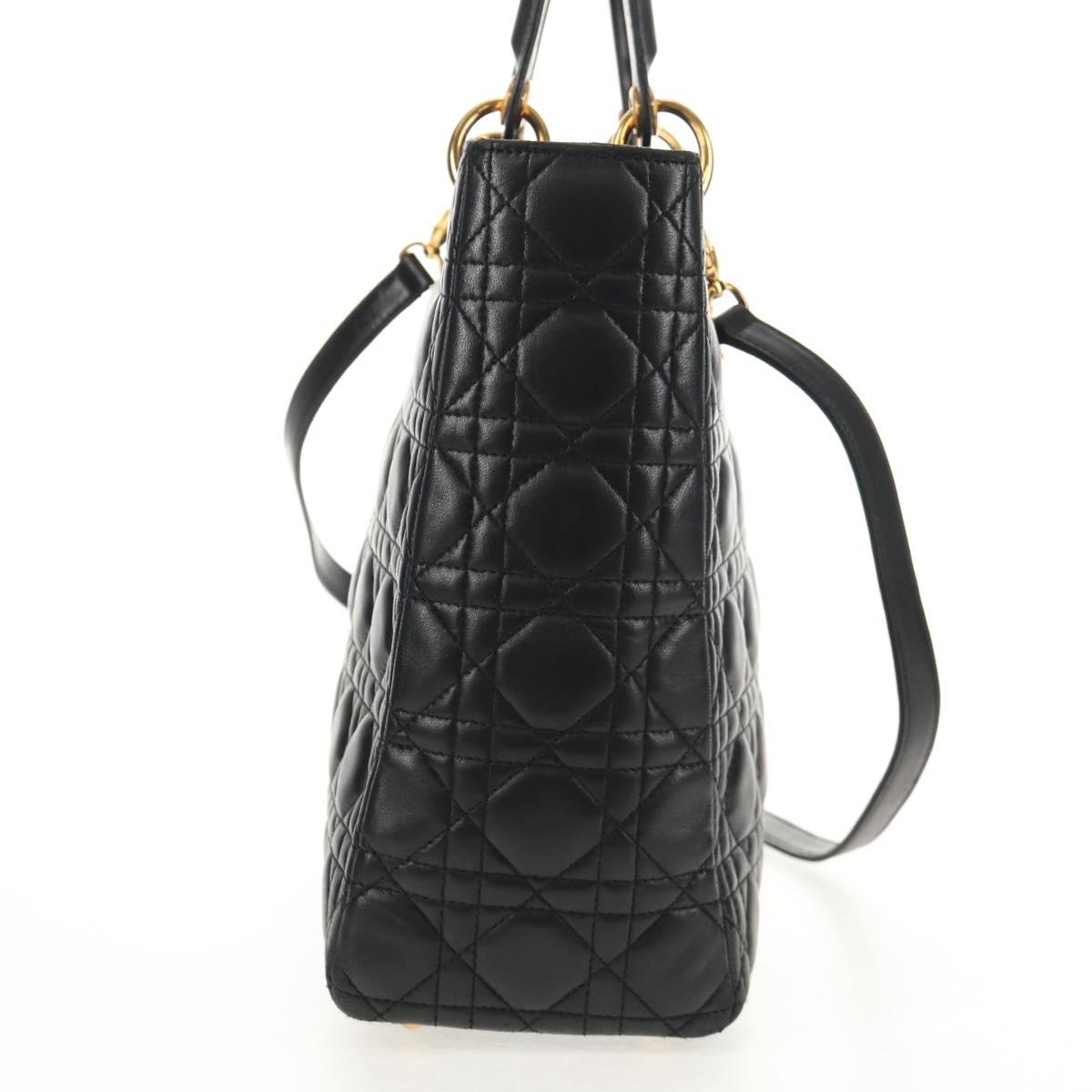 Christian Dior Lady Dior Canage Hand Bag Leather 2way Black Gold Auth 145261A