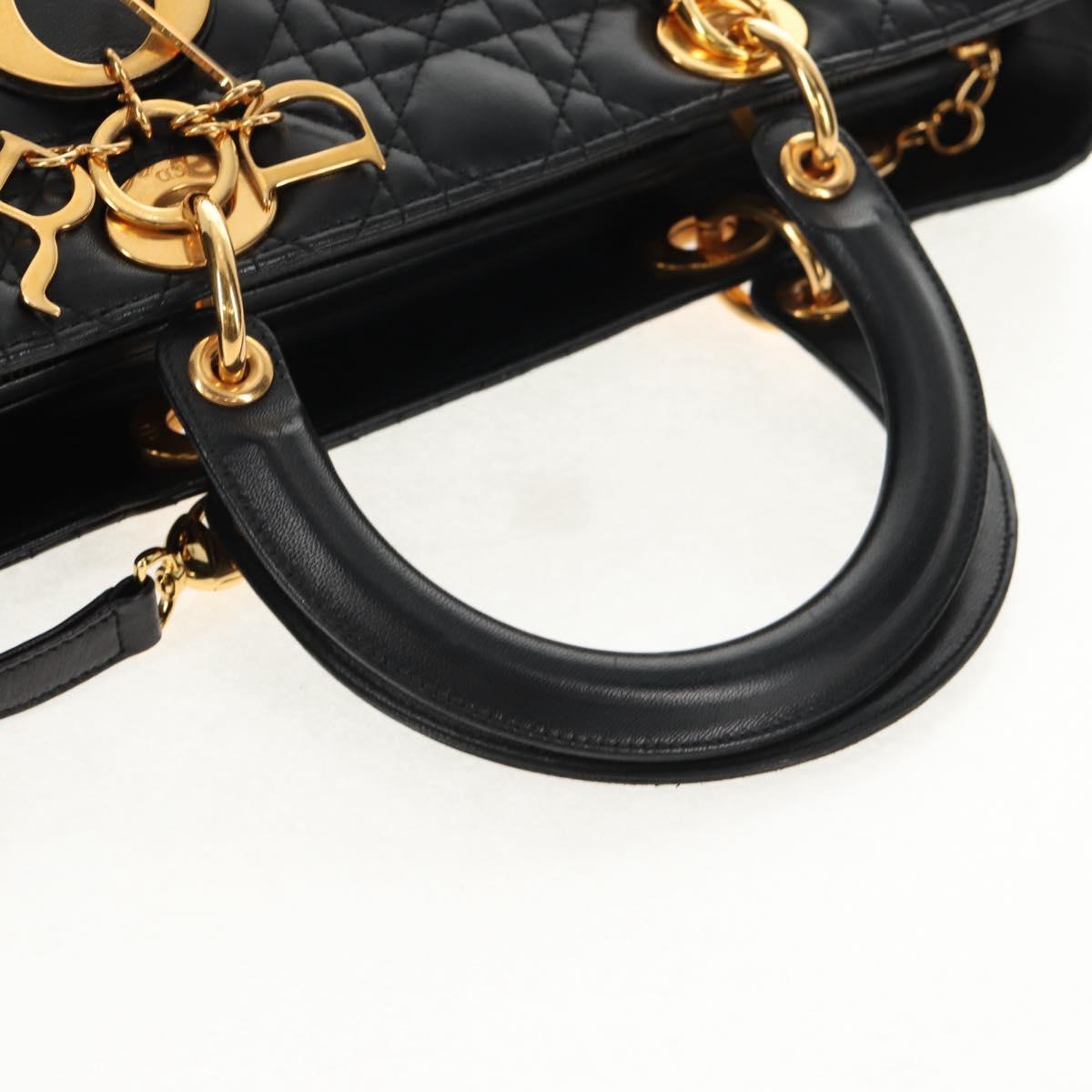 Christian Dior Lady Dior Canage Hand Bag Leather 2way Black Gold Auth 145261A