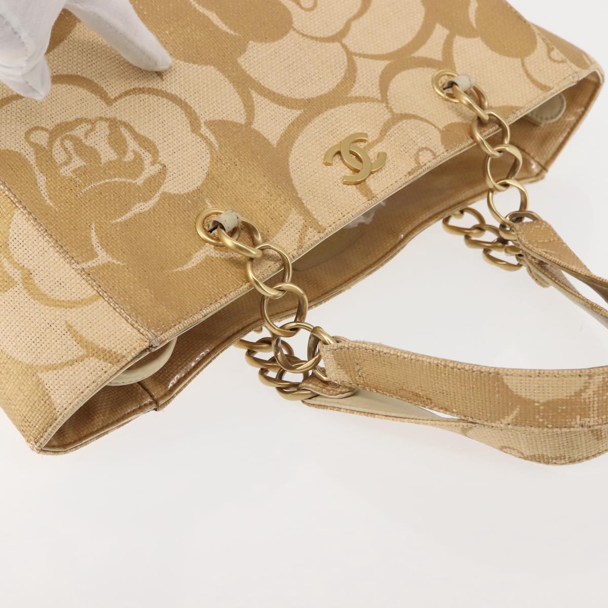 CHANEL Camelia Tote Bag Raffia Beige Gold CC Auth 145323