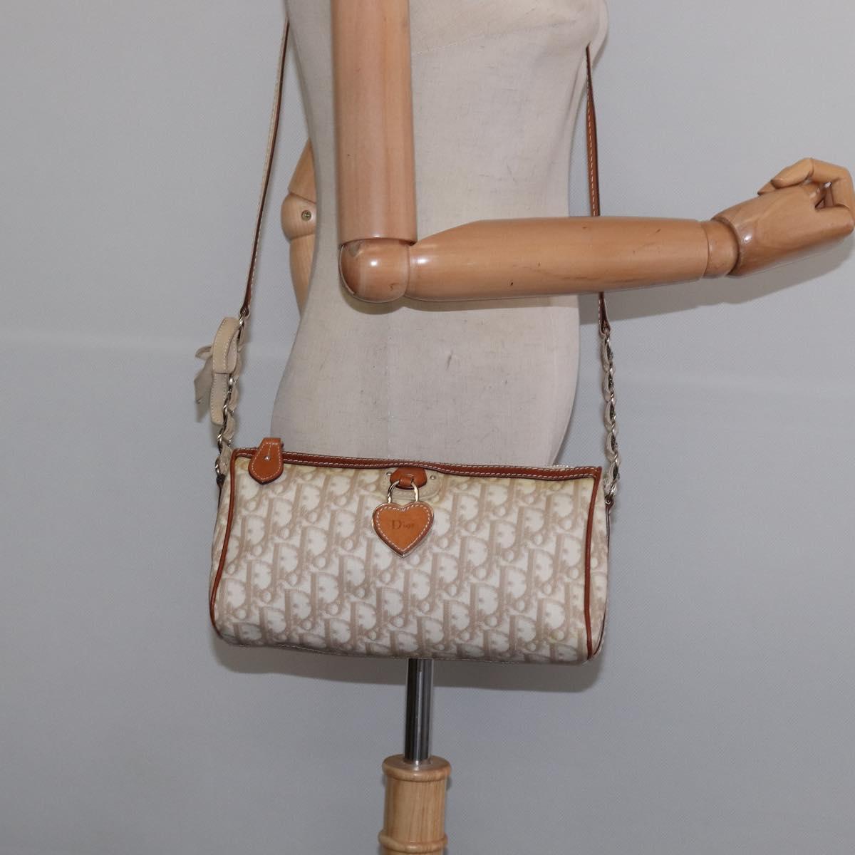Christian Dior Trotter Canvas Romantic Shoulder Bag PVC Beige Silver Auth 145325A