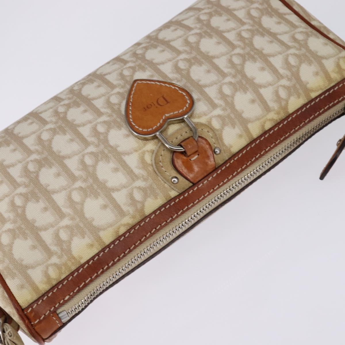 Christian Dior Trotter Canvas Romantic Shoulder Bag PVC Beige Silver Auth 145325