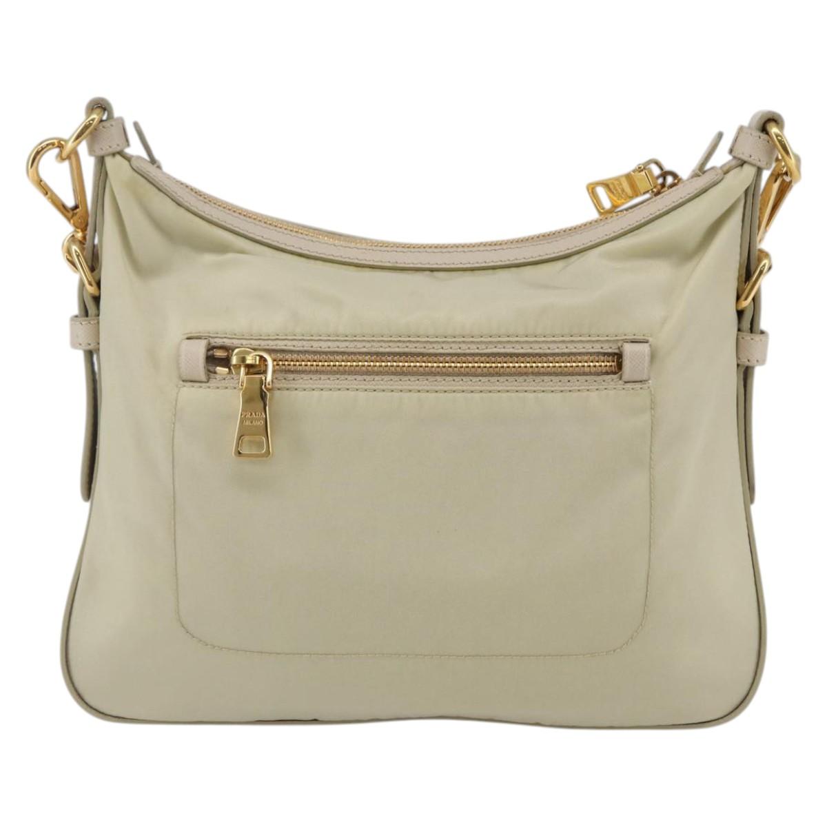 PRADA Shoulder Bag Nylon Leather Beige Gold Auth 145330