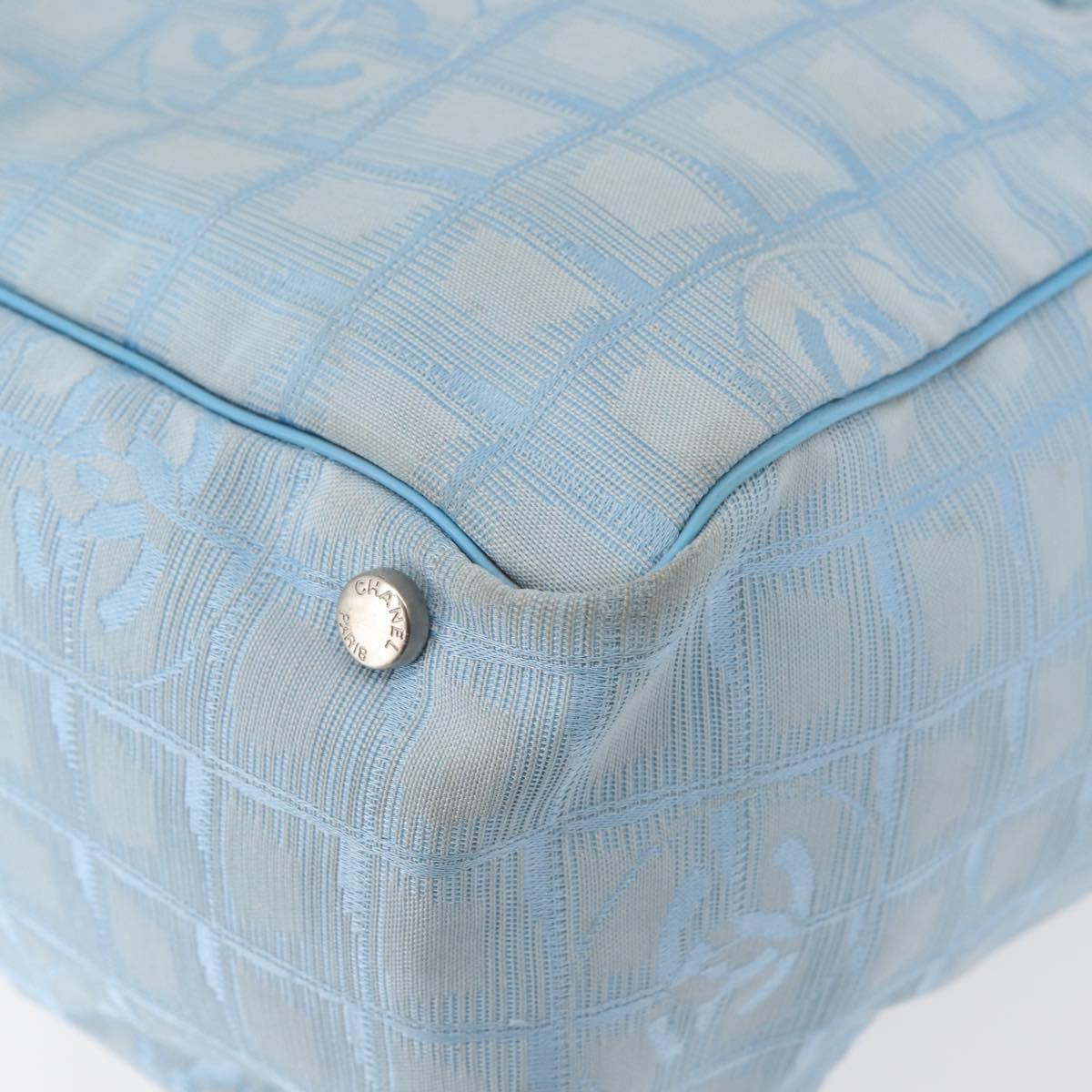 CHANEL New Travel Line Tote Bag Nylon Light Blue Silver CC Auth 145352