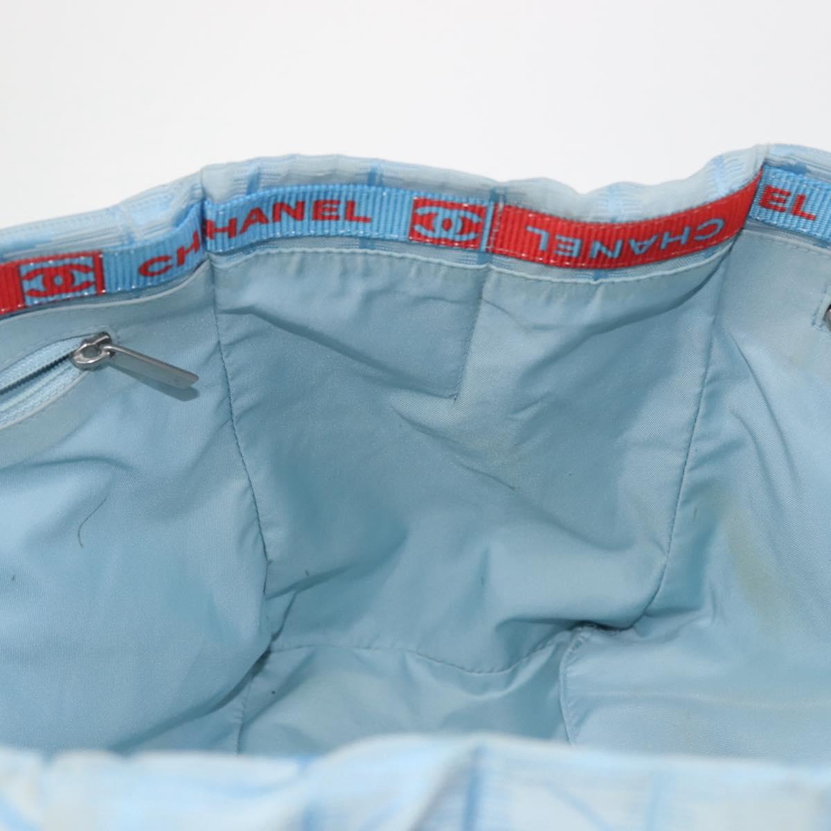 CHANEL New Travel Line Tote Bag Nylon Light Blue Silver CC Auth 145352