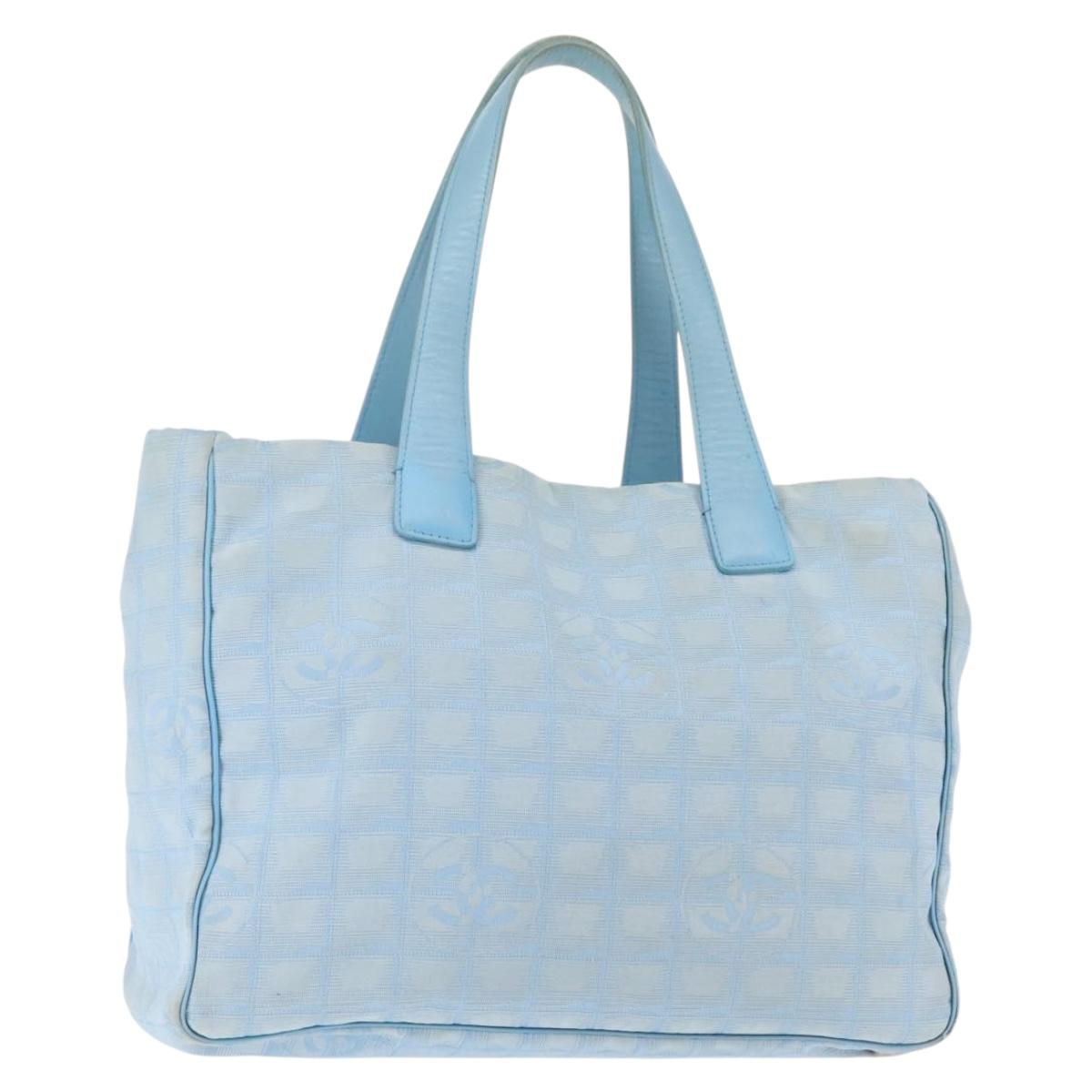 CHANEL New Travel Line Tote Bag Nylon Light Blue Silver CC Auth 145352