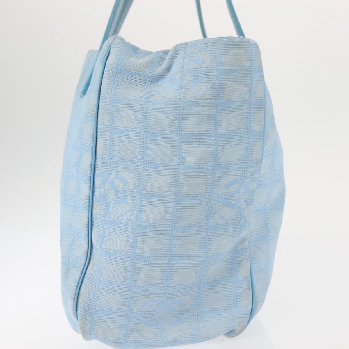 CHANEL New Travel Line Tote Bag Nylon Light Blue Silver CC Auth 145352