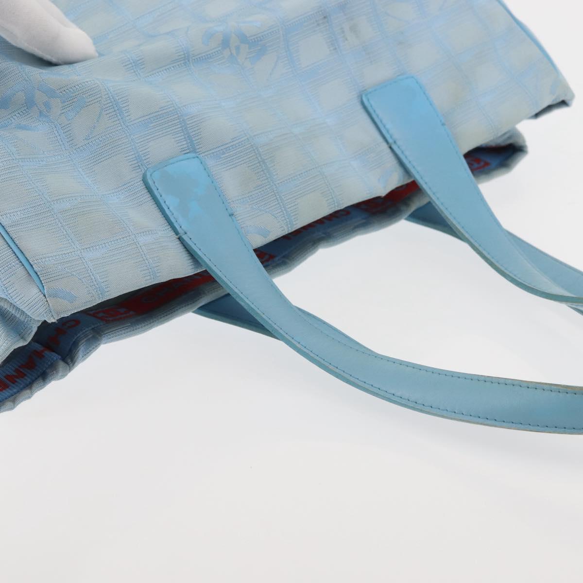 CHANEL New Travel Line Tote Bag Nylon Light Blue Silver CC Auth 145352