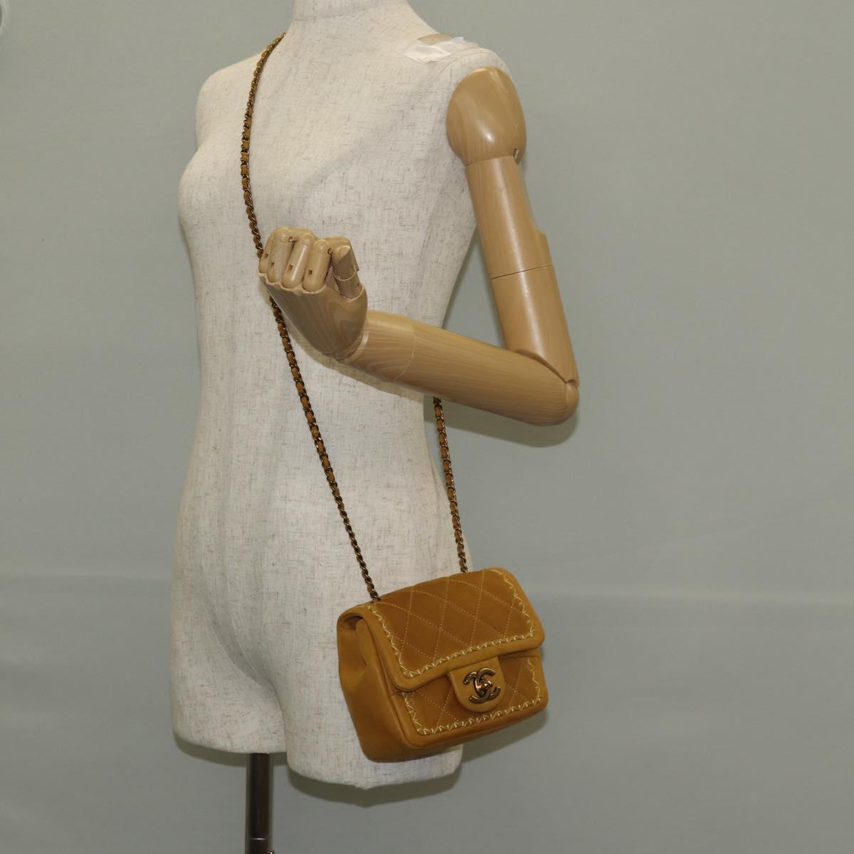 CHANEL Chain Shoulder Bag Suede Yellow Gold CC Auth 145362SAM