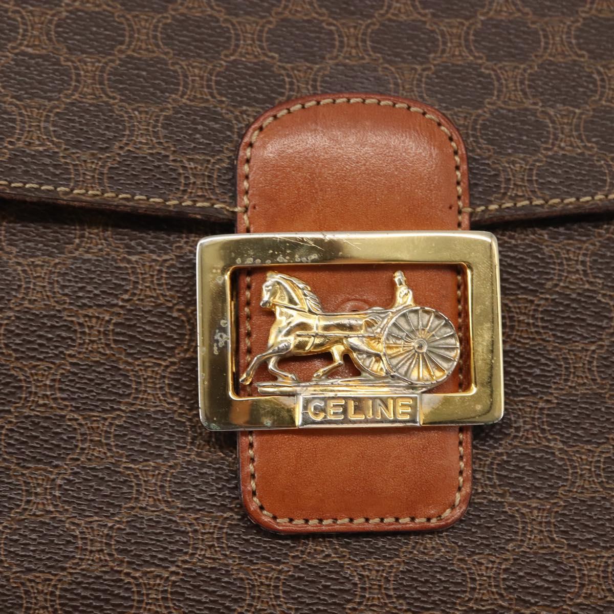 CELINE Macadam Canvas Horse Carriage Shoulder Bag PVC Brown Gold Auth 145468