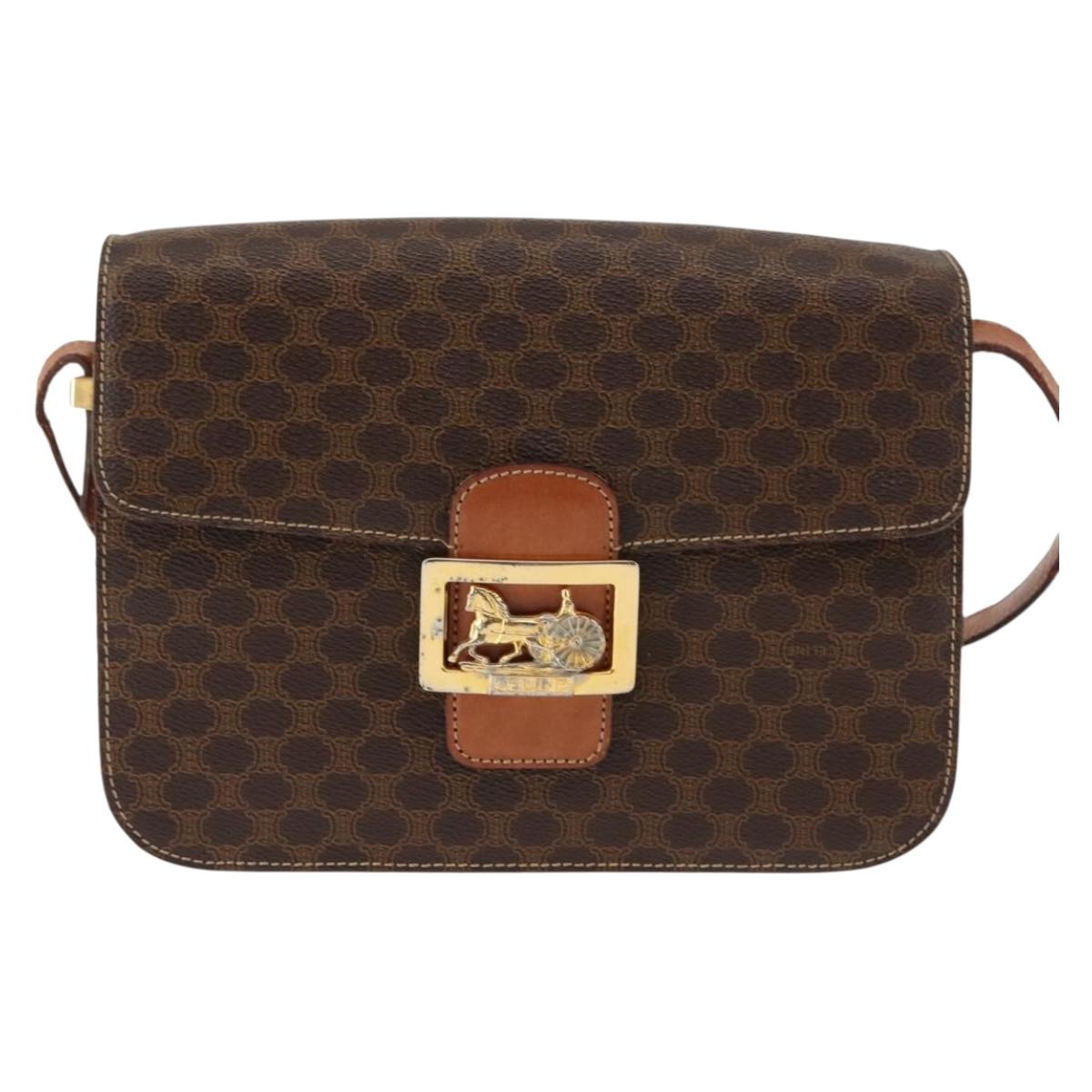 CELINE Macadam Canvas Horse Carriage Shoulder Bag PVC Brown Gold Auth 145468