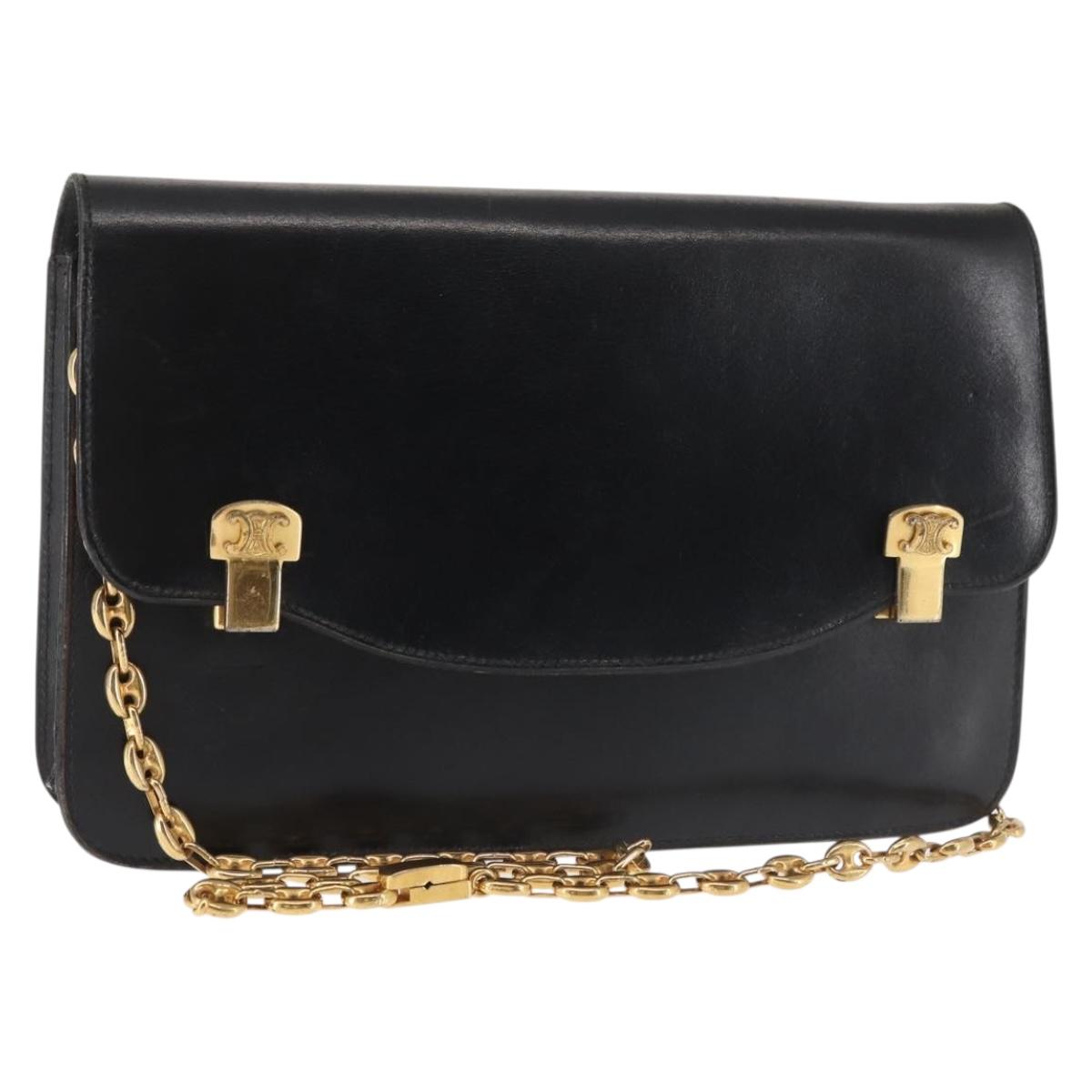 CELINE Chain Shoulder Bag Leather Black Gold Auth 145473