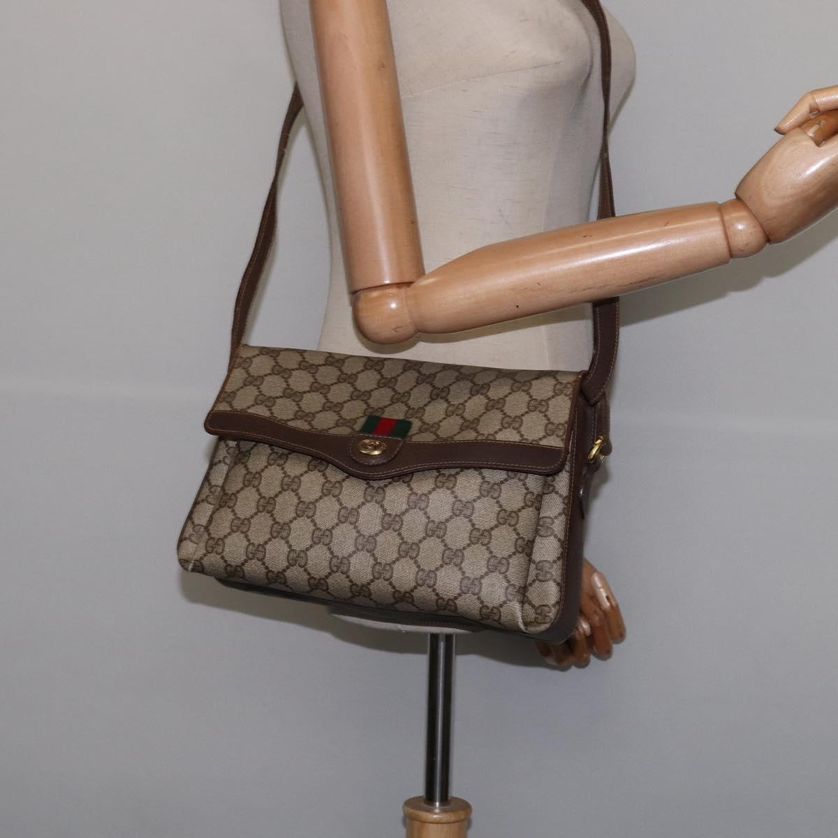 GUCCI GG Supreme Web Sherry Line Shoulder Bag PVC Beige Gold Auth 145481