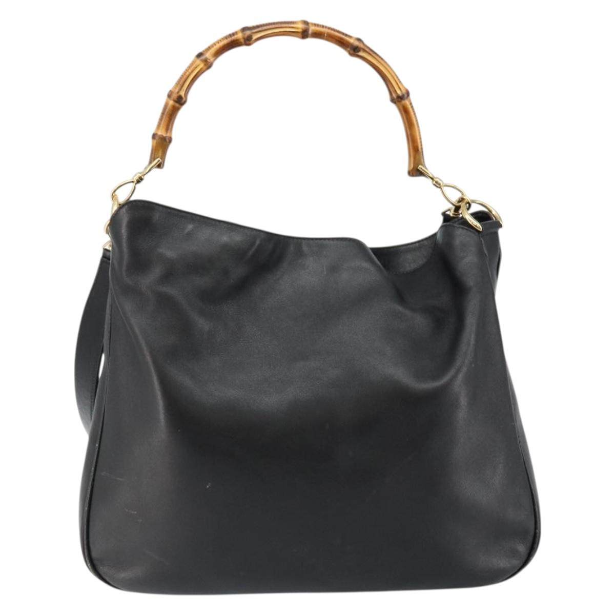 GUCCI Bamboo Hand Bag Leather 2way Black Gold 001 2058 1577 0 Auth 145485