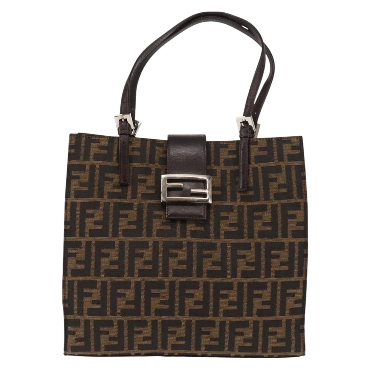 FENDI Zucca Canvas Mamma Baguette Tote Bag Black Silver Brown Auth 145493
