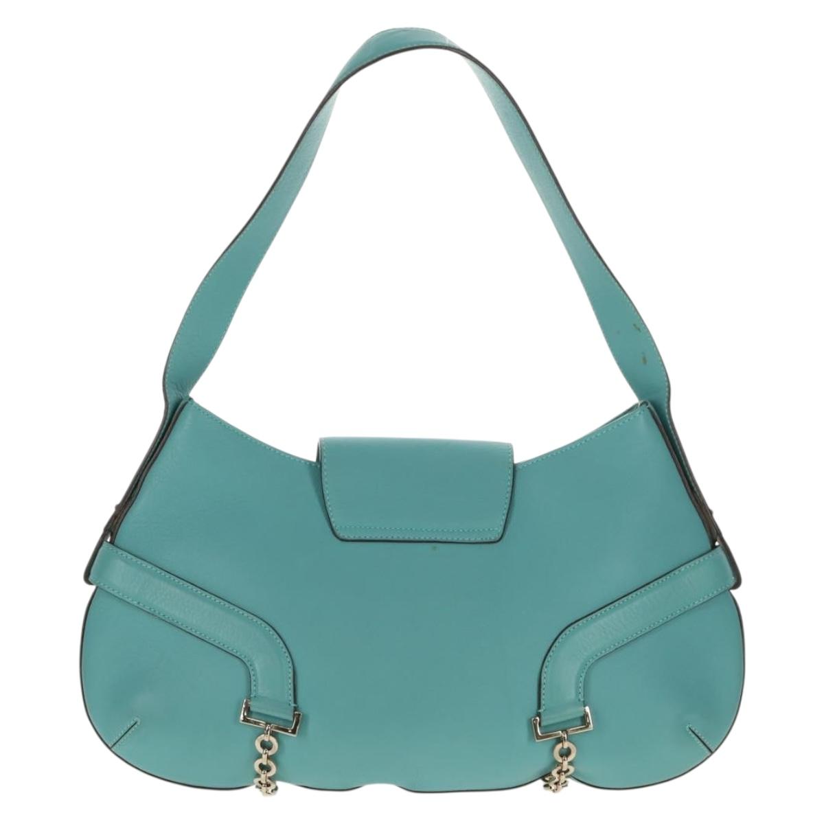 Salvatore Ferragamo Gancini Bag Leather Turquoise Blue Gold Auth 145501V