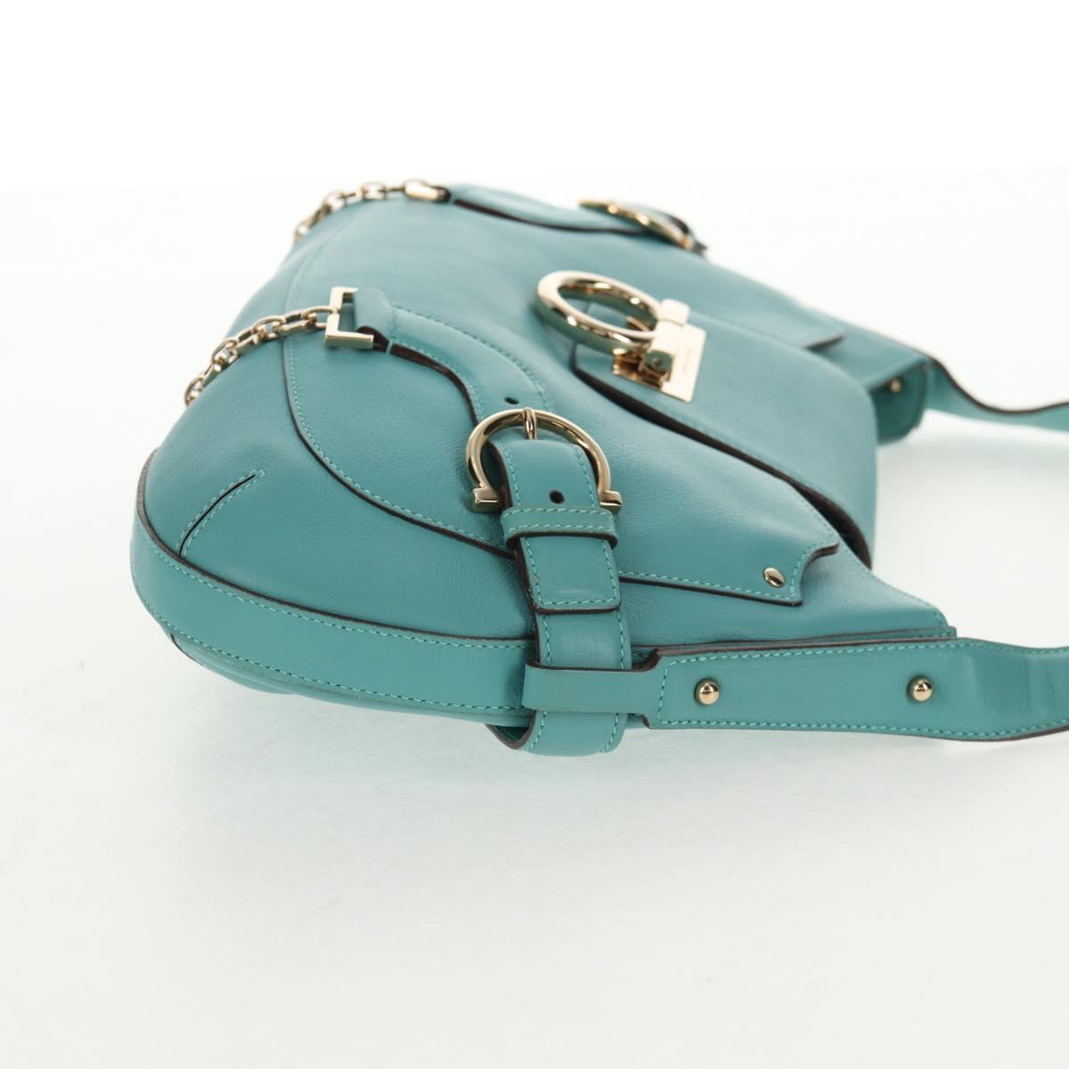 Salvatore Ferragamo Gancini Bag Leather Turquoise Blue Gold Auth 145501V