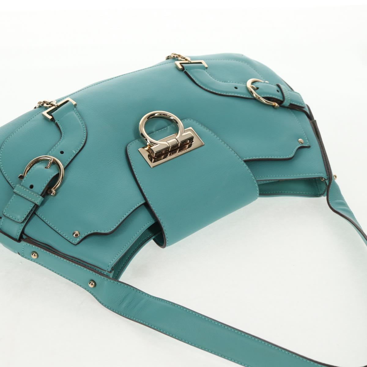 Salvatore Ferragamo Gancini Bag Leather Turquoise Blue Gold Auth 145501V