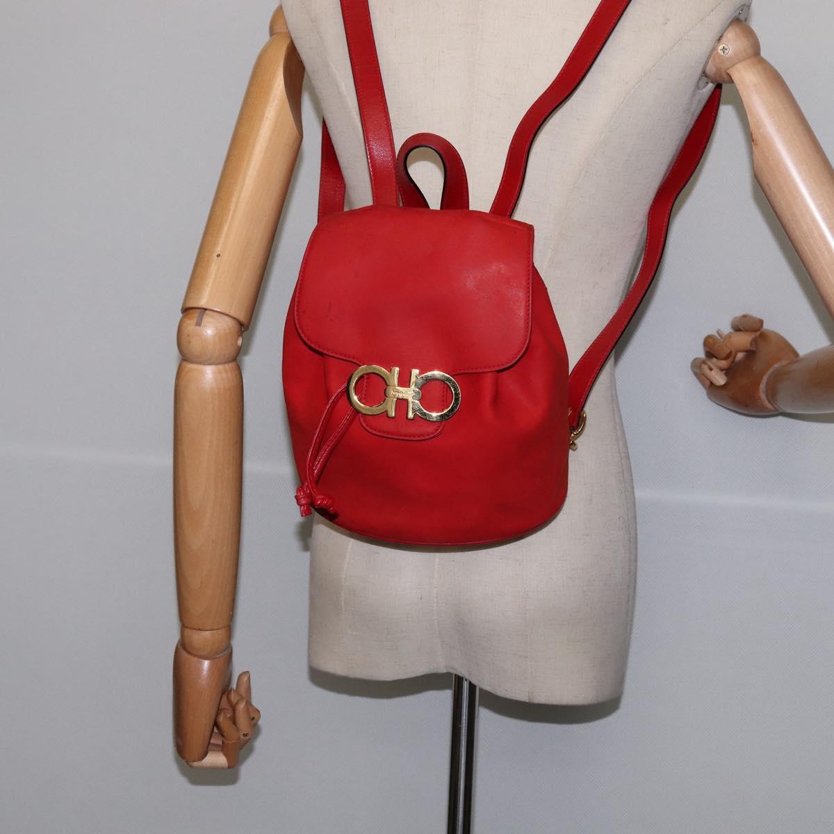 Salvatore Ferragamo Vala Backpack Leather Red Gold Auth 145505