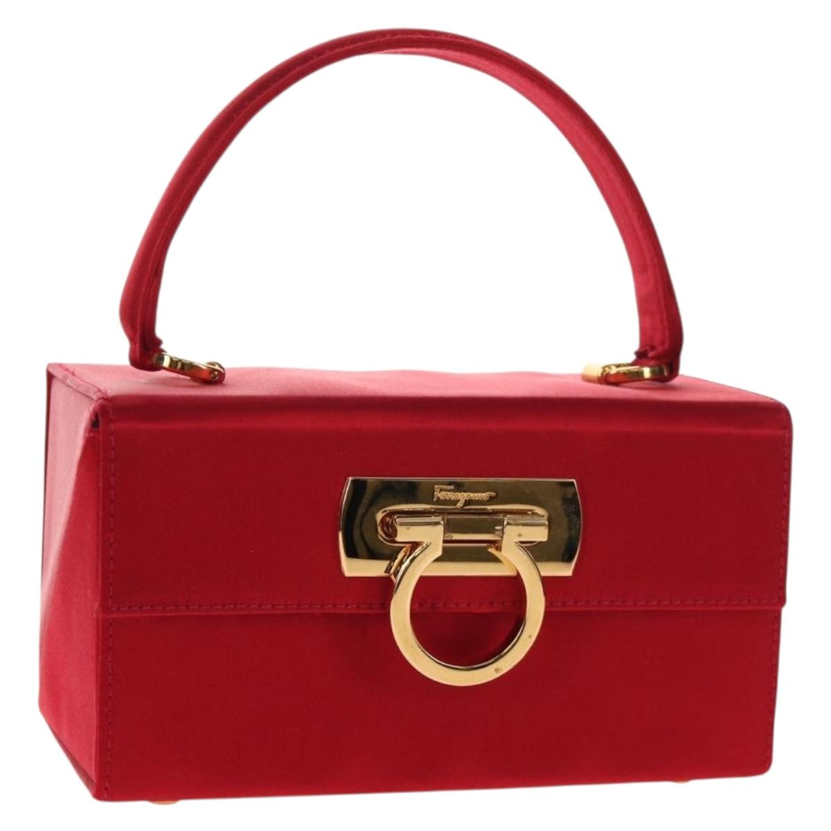 Salvatore Ferragamo Gancini Hand Bag Satin Red Gold Auth 145507V