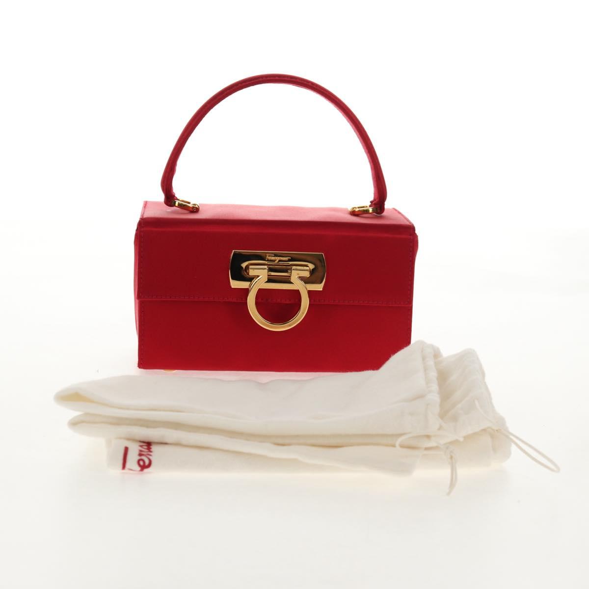 Salvatore Ferragamo Gancini Hand Bag Satin Red Gold Auth 145507V