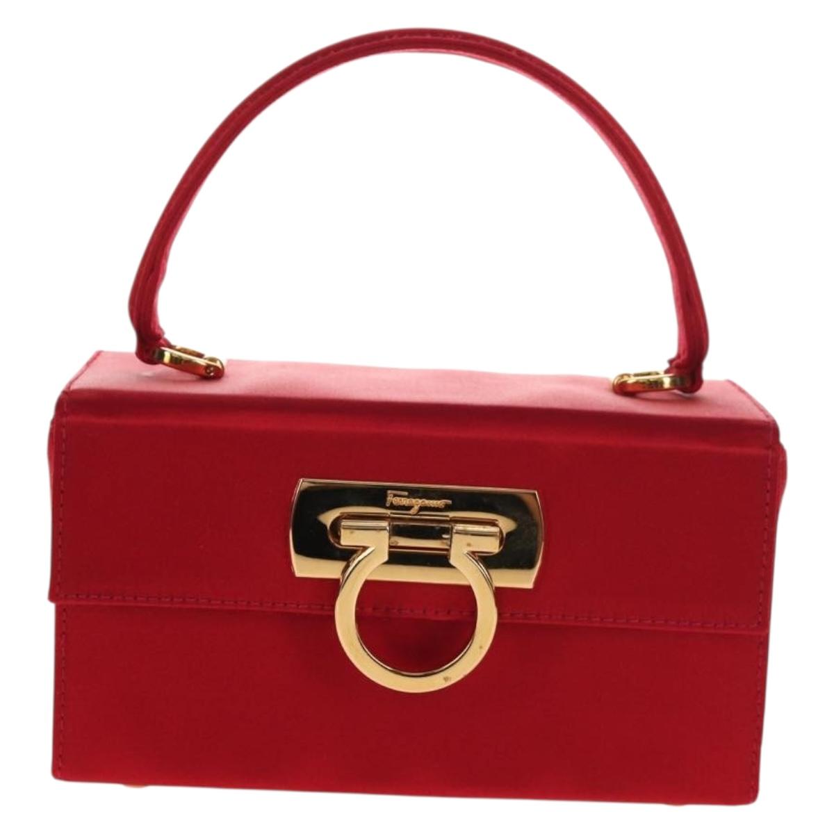 Salvatore Ferragamo Gancini Hand Bag Satin Red Gold Auth 145507V