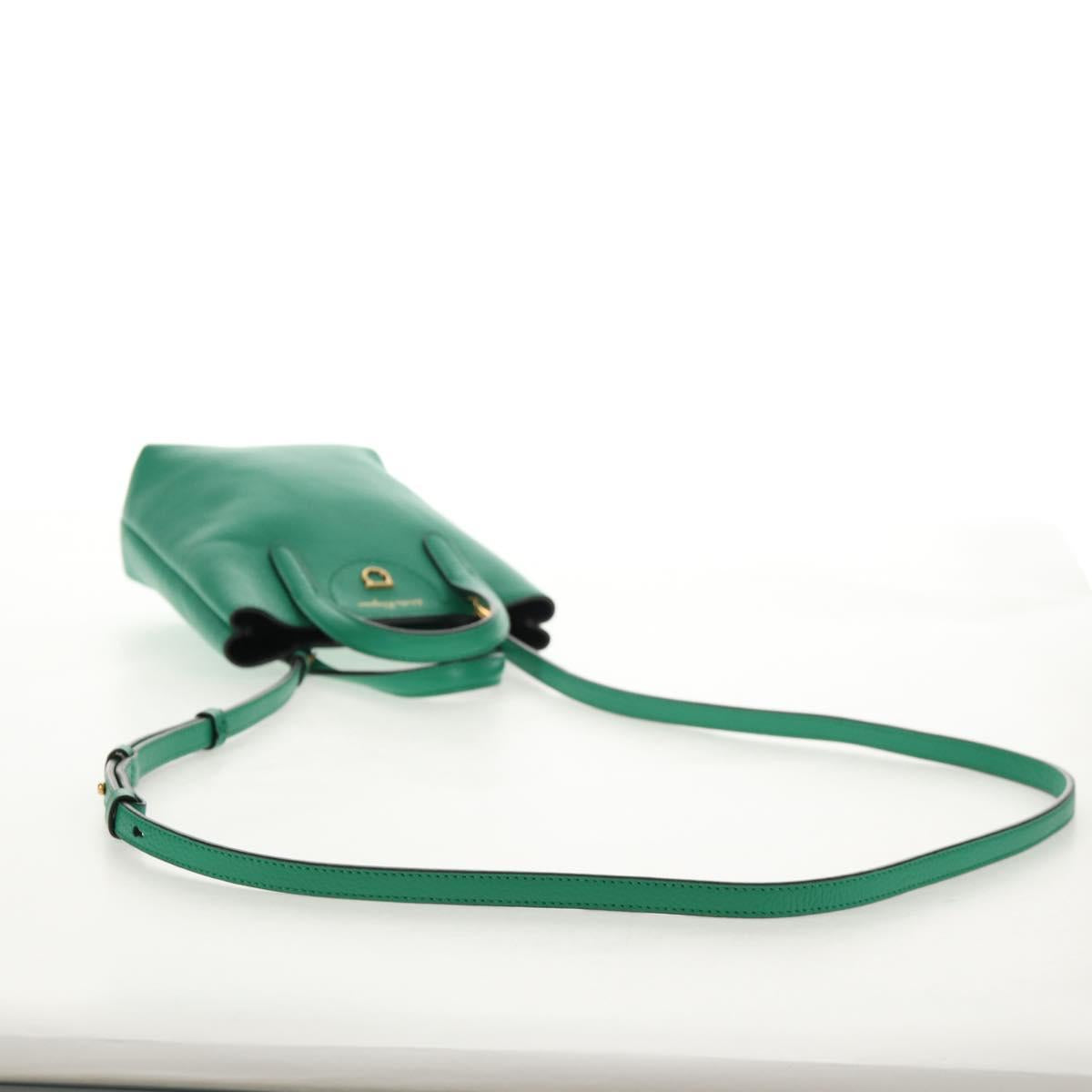 Salvatore Ferragamo Gancini Hand Bag Leather 2way Green Gold Auth 145509V