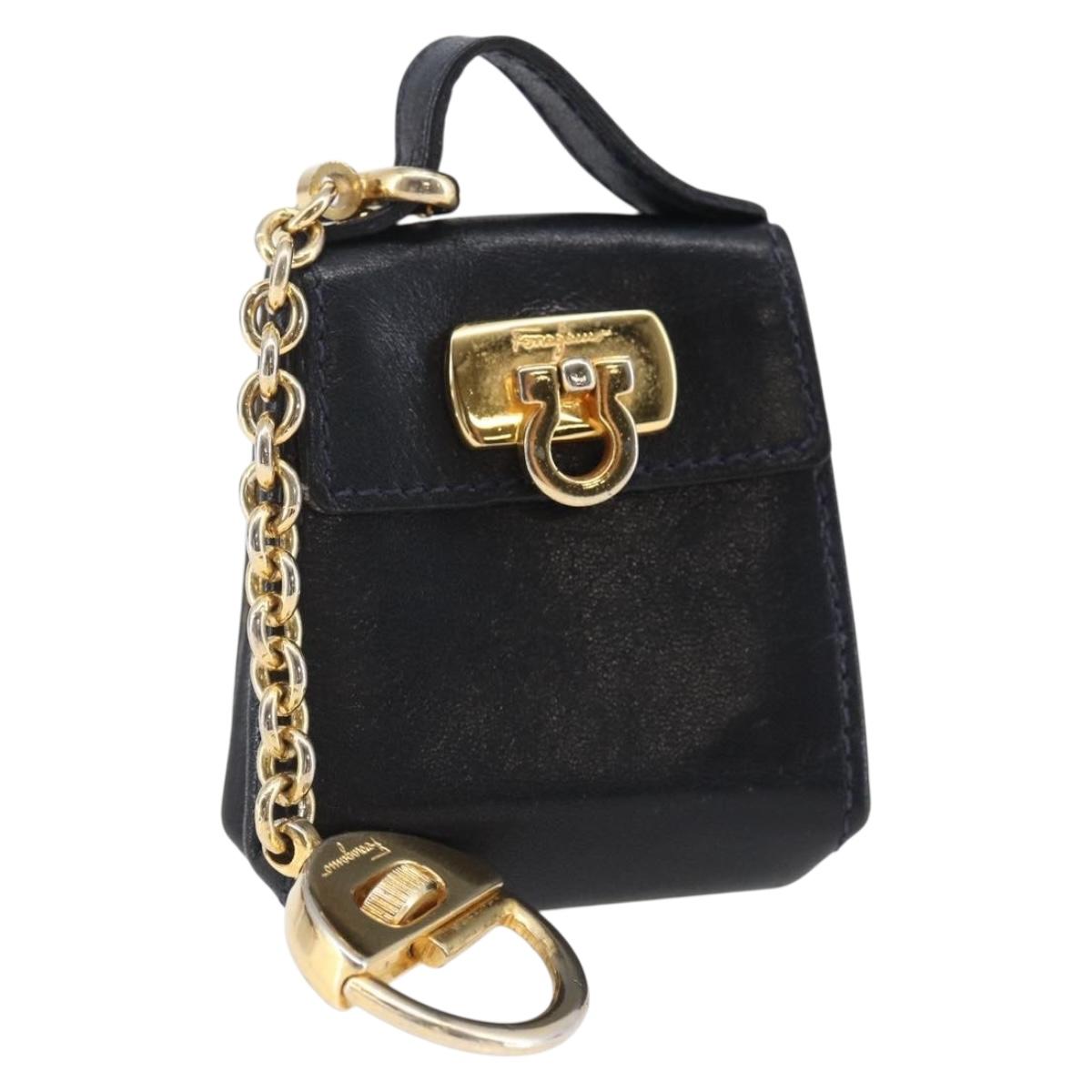 Salvatore Ferragamo Gancini Charm Leather Navy Gold Auth 145546