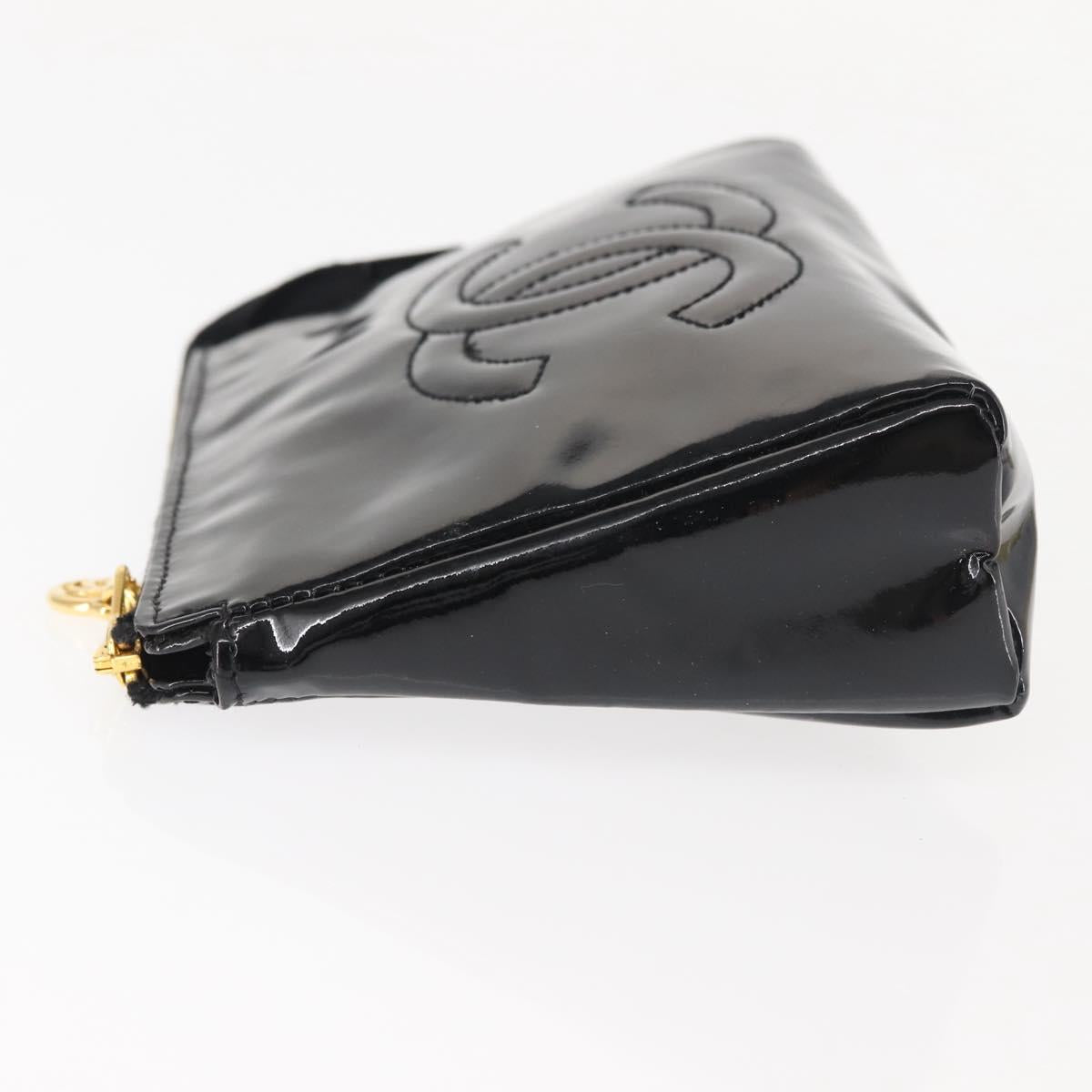 CHANEL Pouch Enamel Black Gold CC Auth 145547