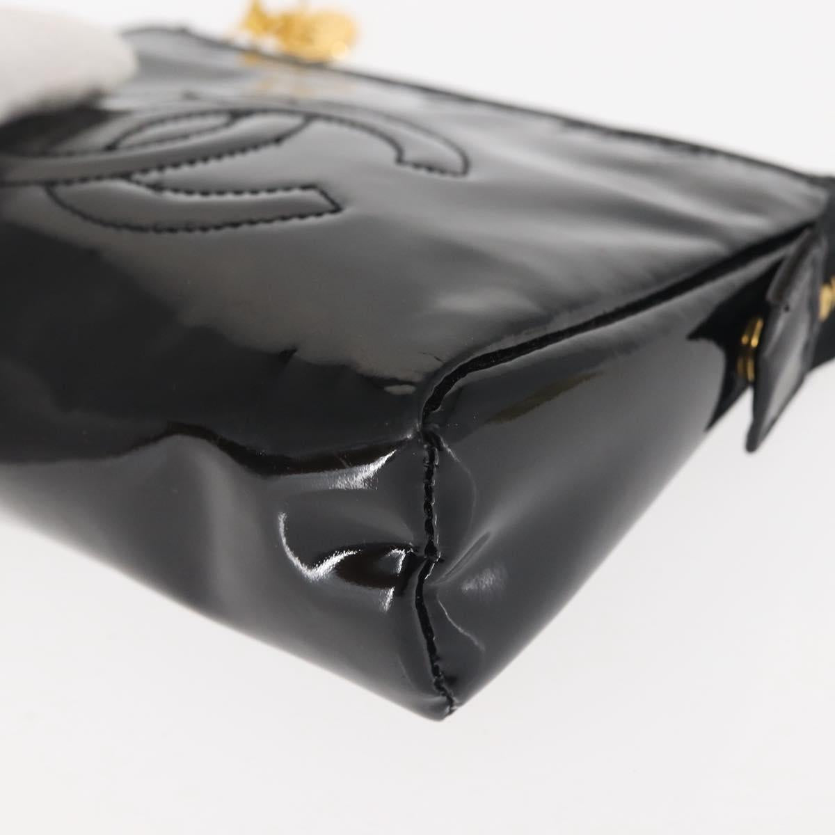 CHANEL Pouch Enamel Black Gold CC Auth 145547
