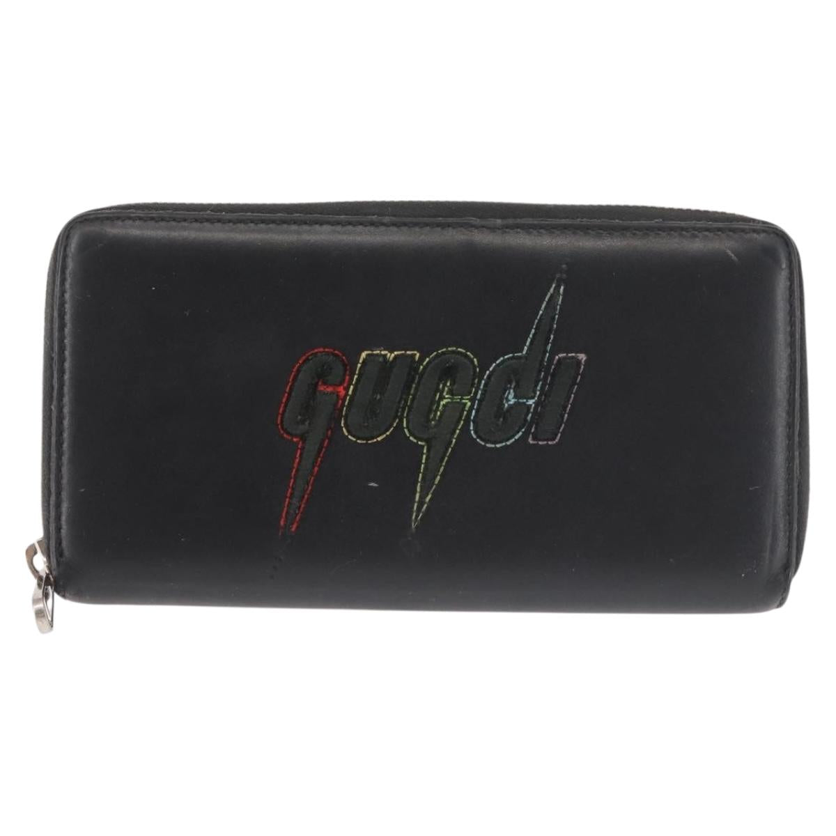 GUCCI Blade Embroidery Long Wallet Leather Silver Black 597677 Auth 145572