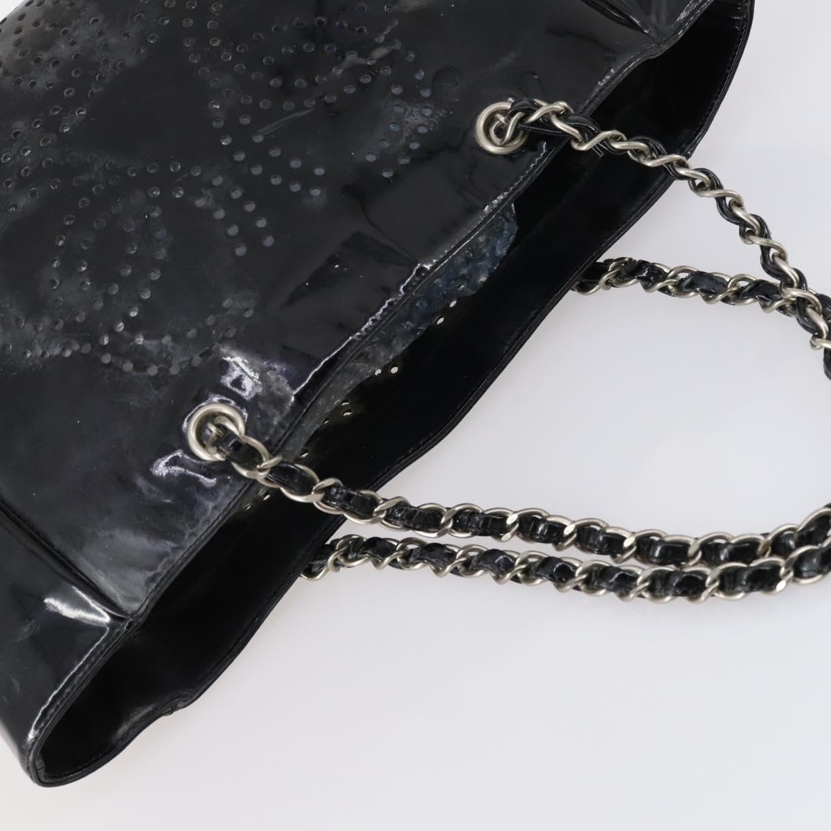 CHANEL Punching Chain Shoulder Bag Patent leather Black CC Auth 145573