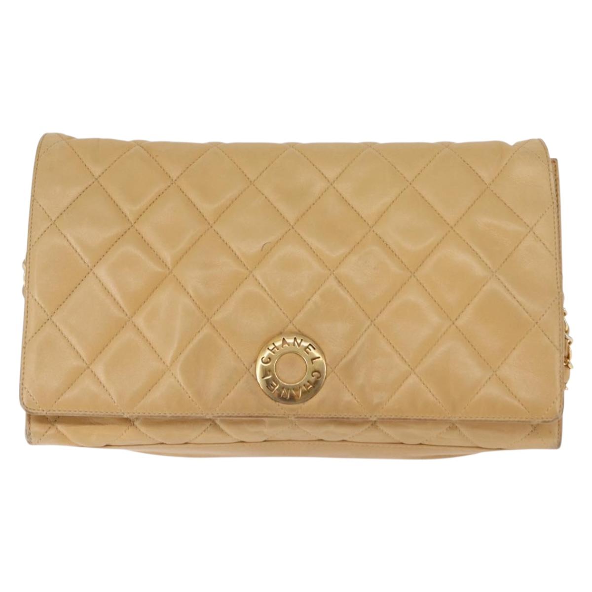 CHANEL Matelasse Chain Shoulder Bag Lamb Skin Beige Gold CC Auth 145574