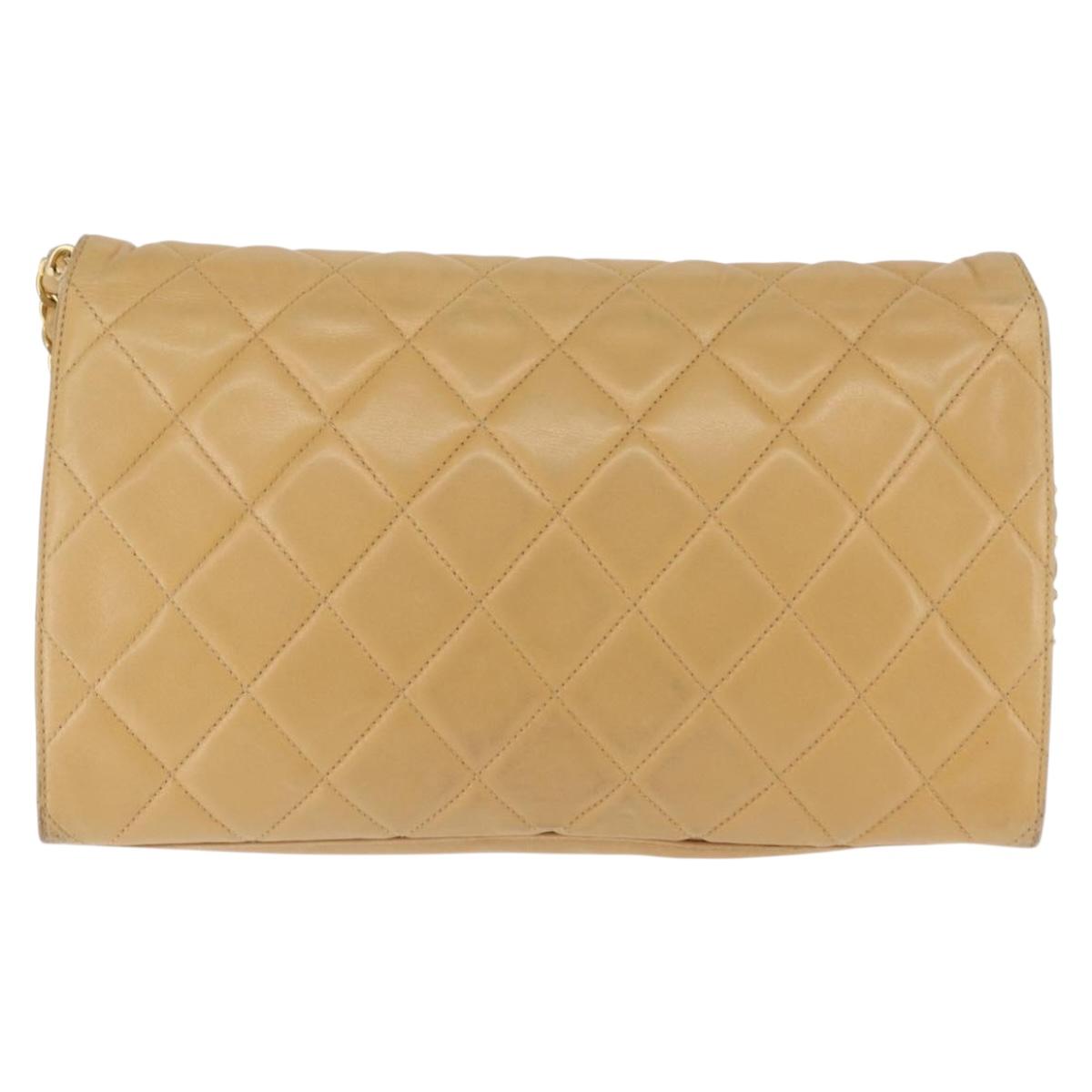 CHANEL Matelasse Chain Shoulder Bag Lamb Skin Beige Gold CC Auth 145574