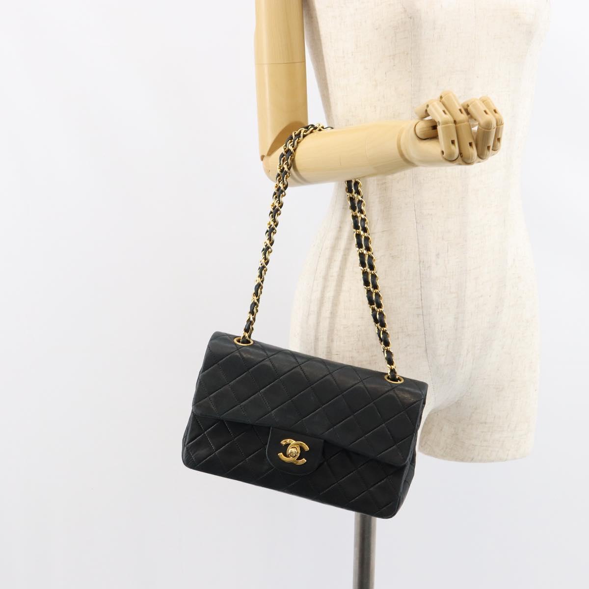CHANEL Matelasse Chain Shoulder Bag Lamb Skin Black Gold CC Auth 145577AV