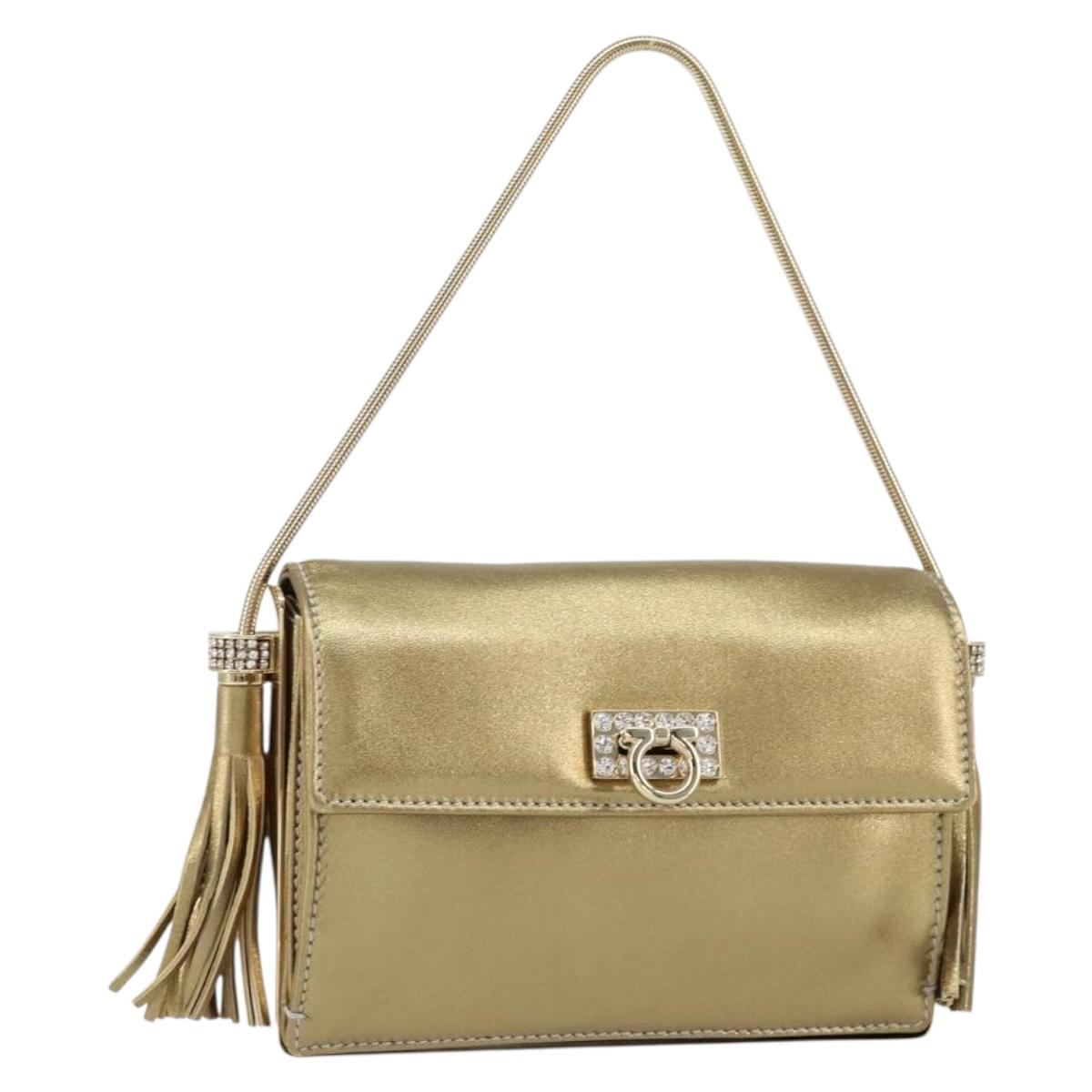 Salvatore Ferragamo Gancini Shoulder Bag Leather Gold Auth 145578AV