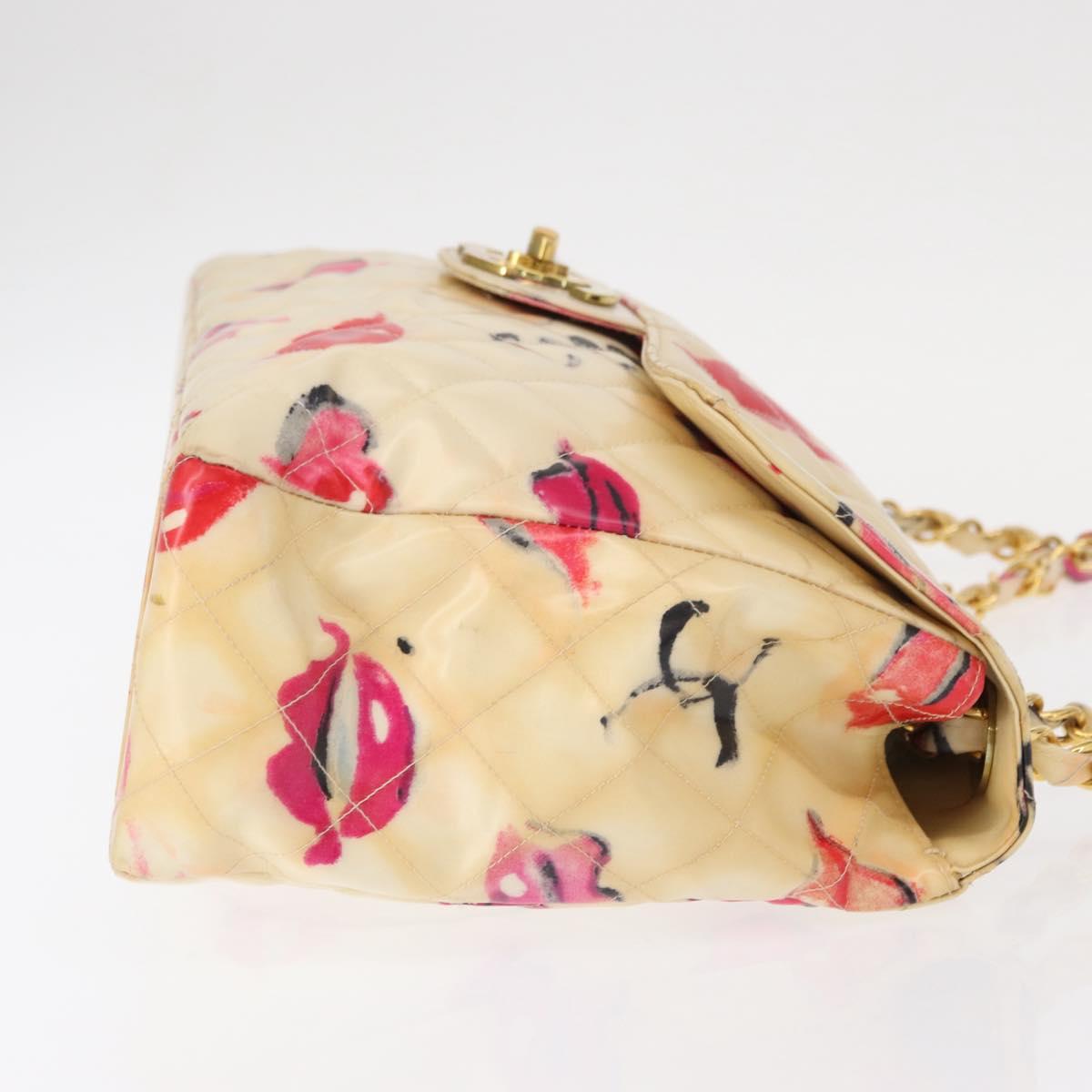 CHANEL Matelasse 34 Chain Shoulder Bag Vinyl coating Beige Gold CC Auth 145579V