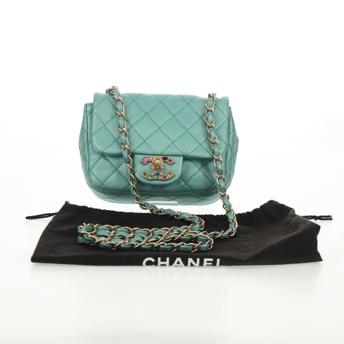 CHANEL Matelasse 17 Chain Bag Lamb Skin Turquoise Blue Gold CC Auth 145584AV