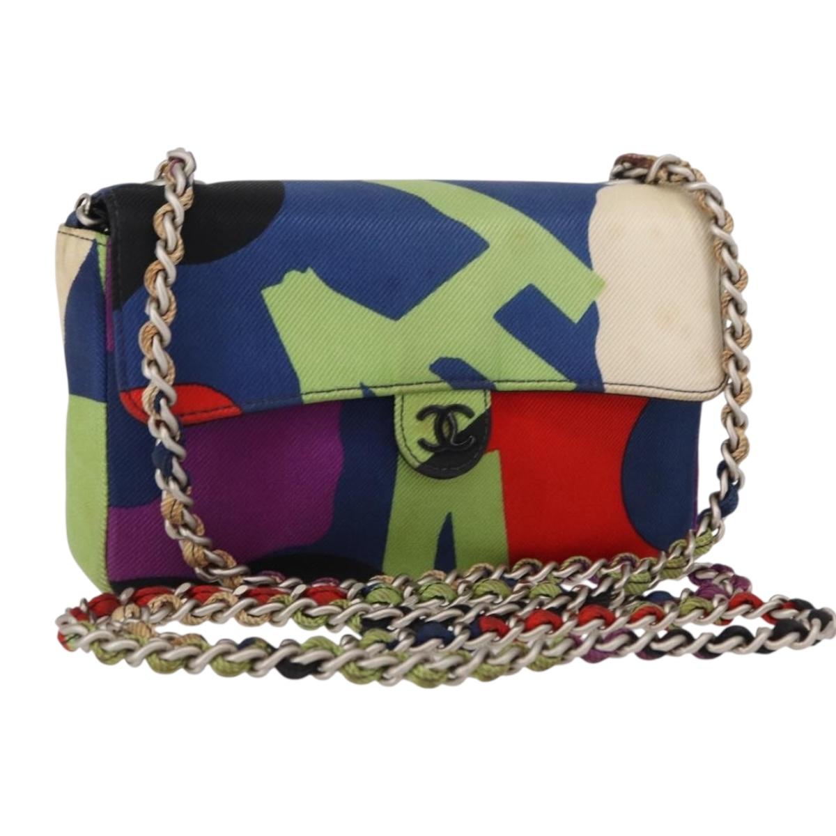 CHANEL Chain Shoulder Bag Canvas Multicolor Silver CC Auth 145585V